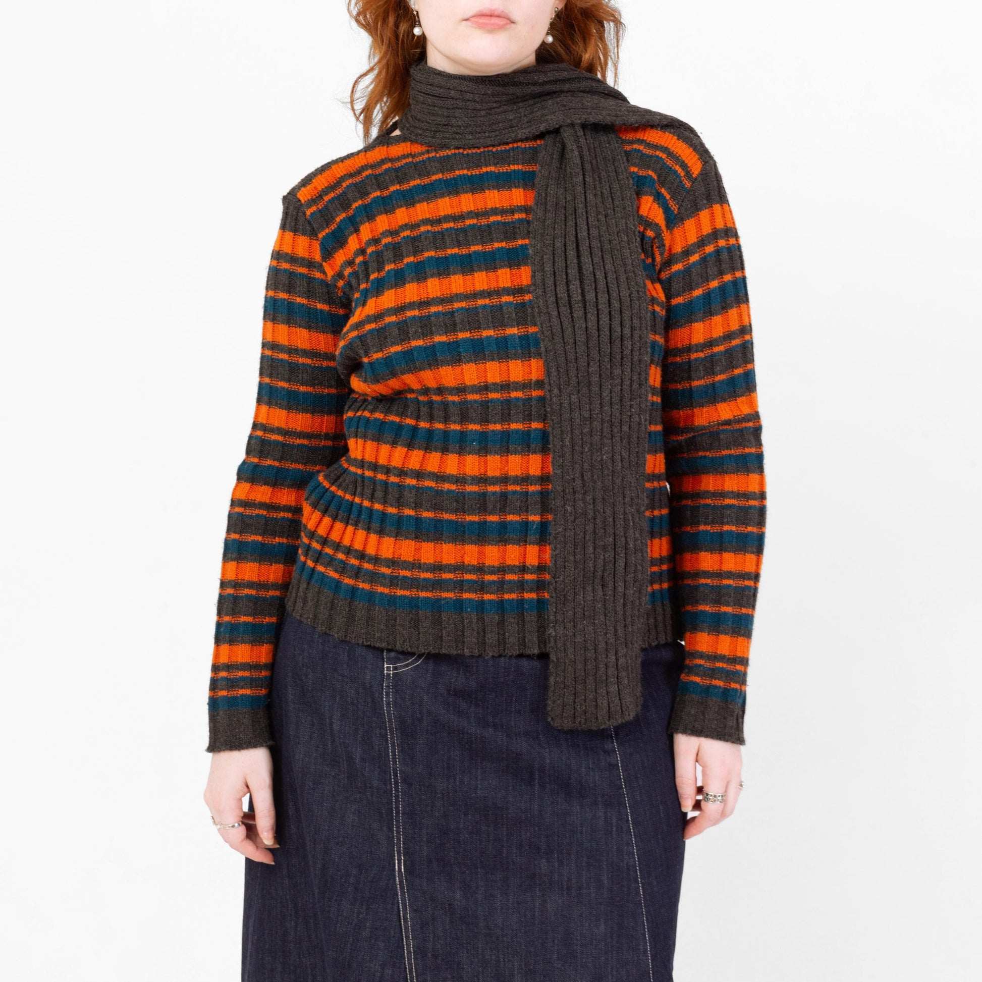 Vintage 90s Built-in Scarf Neck Striped Knit Sweater - Medium | Orange & Grey Slouchy Long Sleeve Pullover