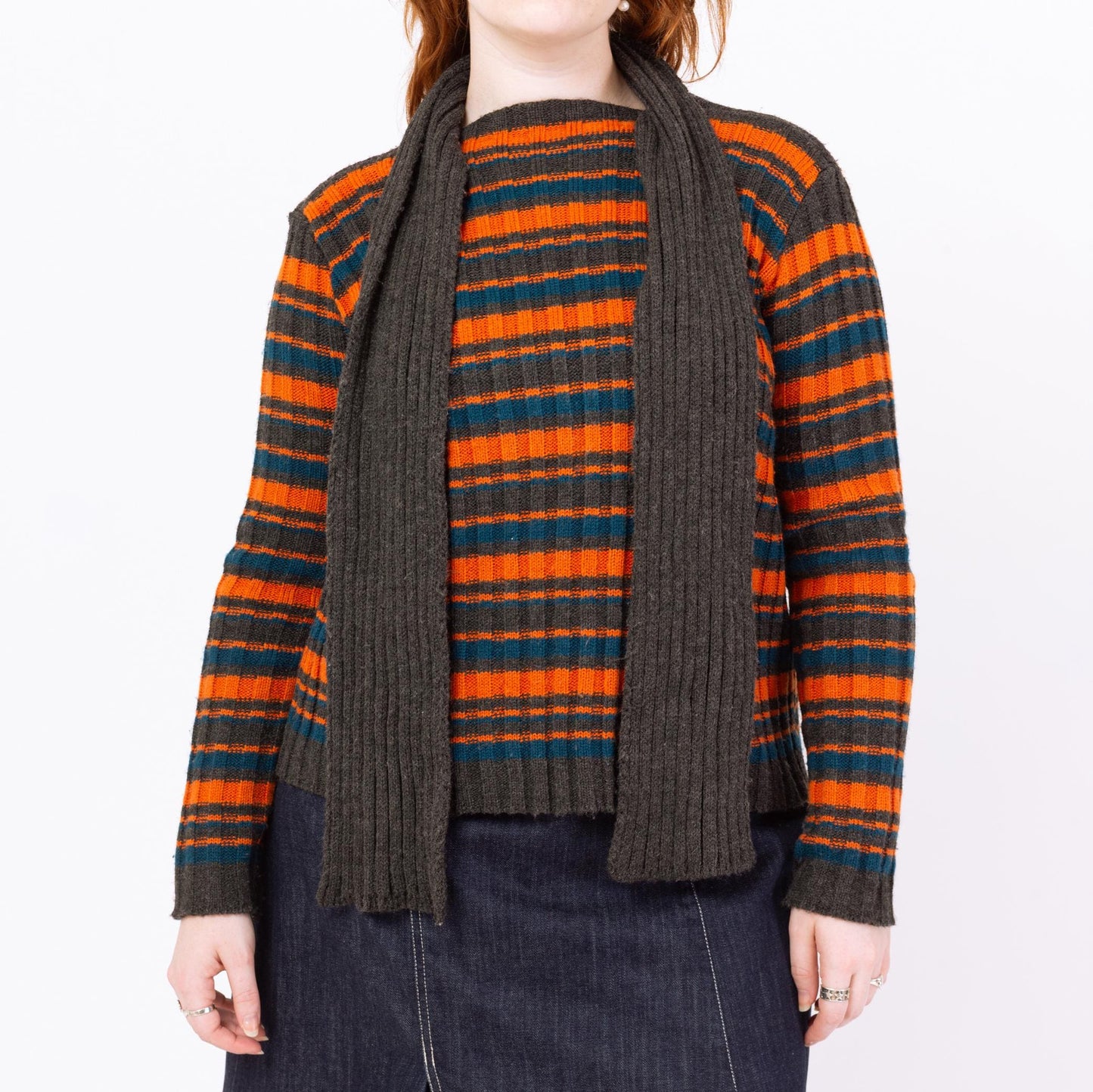 Vintage 90s Built-in Scarf Neck Striped Knit Sweater - Medium | Orange & Grey Slouchy Long Sleeve Pullover