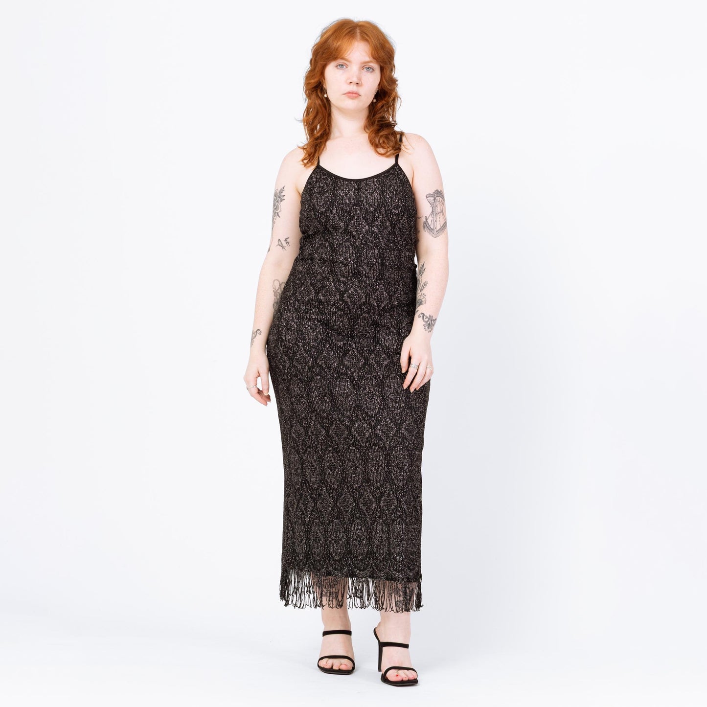 Vintage 90s Black & Silver Metallic Knit Fringe Party Dress - Medium to Large | Joseph Ribkoff Sleeveless Bodycon Flapper Maxi Dress