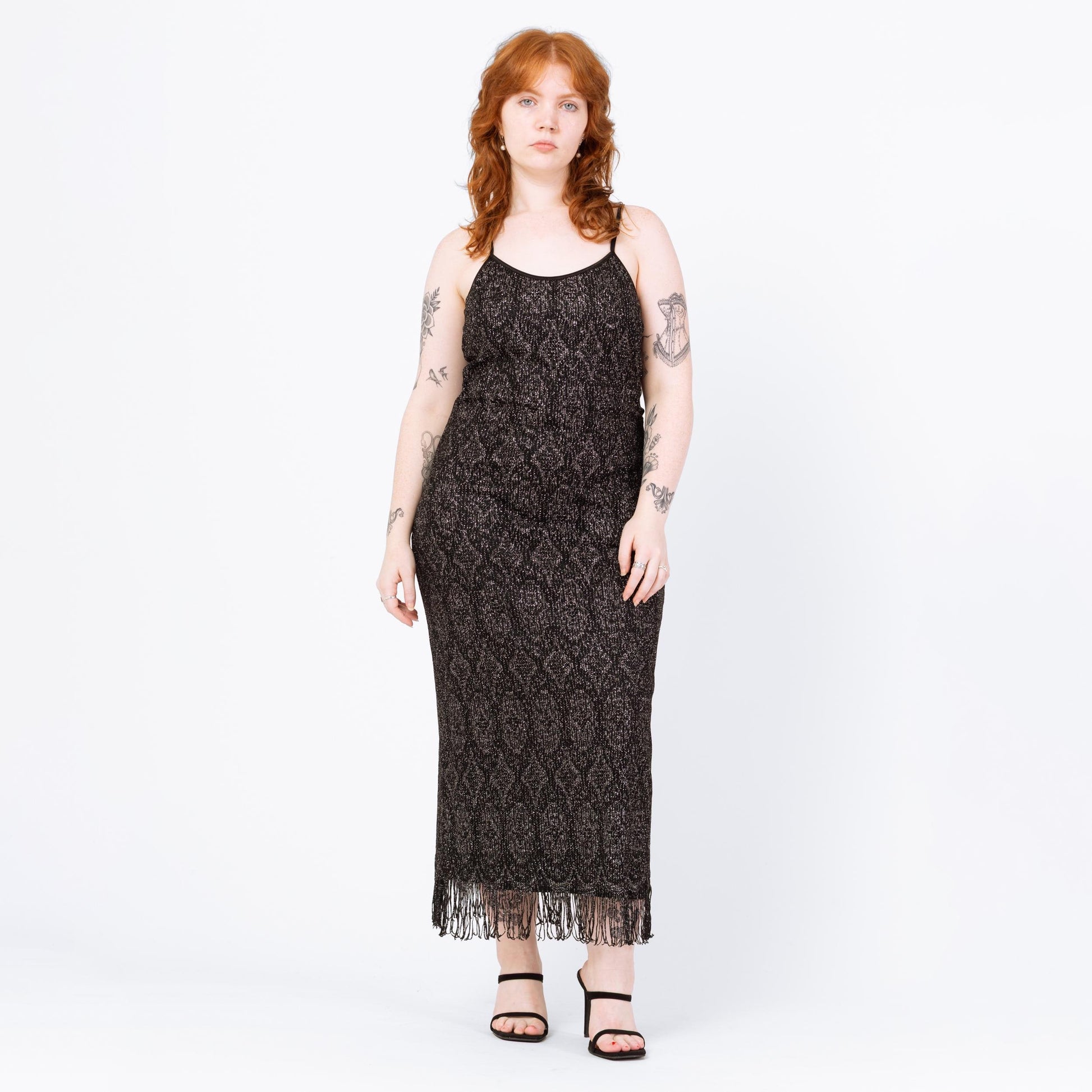 Vintage 90s Black & Silver Metallic Knit Fringe Party Dress - Medium to Large | Joseph Ribkoff Sleeveless Bodycon Flapper Maxi Dress
