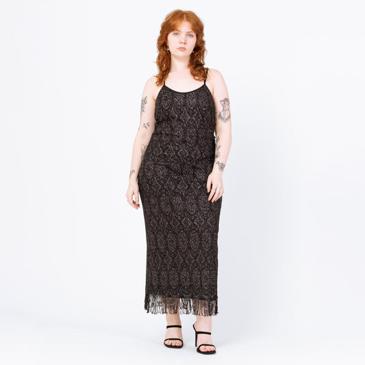Vintage 90s Black & Silver Metallic Knit Fringe Party Dress - Medium to Large | Joseph Ribkoff Sleeveless Bodycon Flapper Maxi Dress