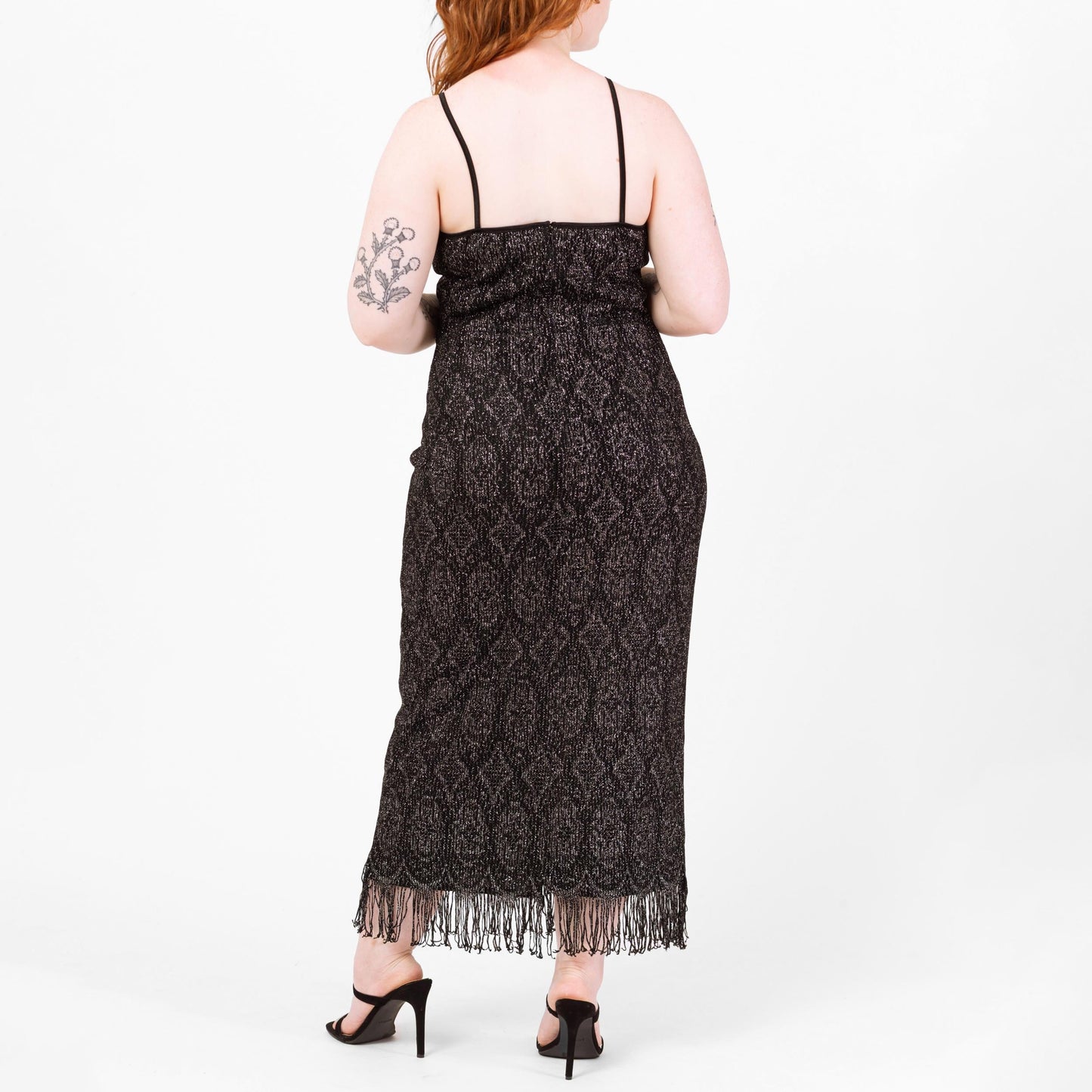Vintage 90s Black & Silver Metallic Knit Fringe Party Dress - Medium to Large | Joseph Ribkoff Sleeveless Bodycon Flapper Maxi Dress