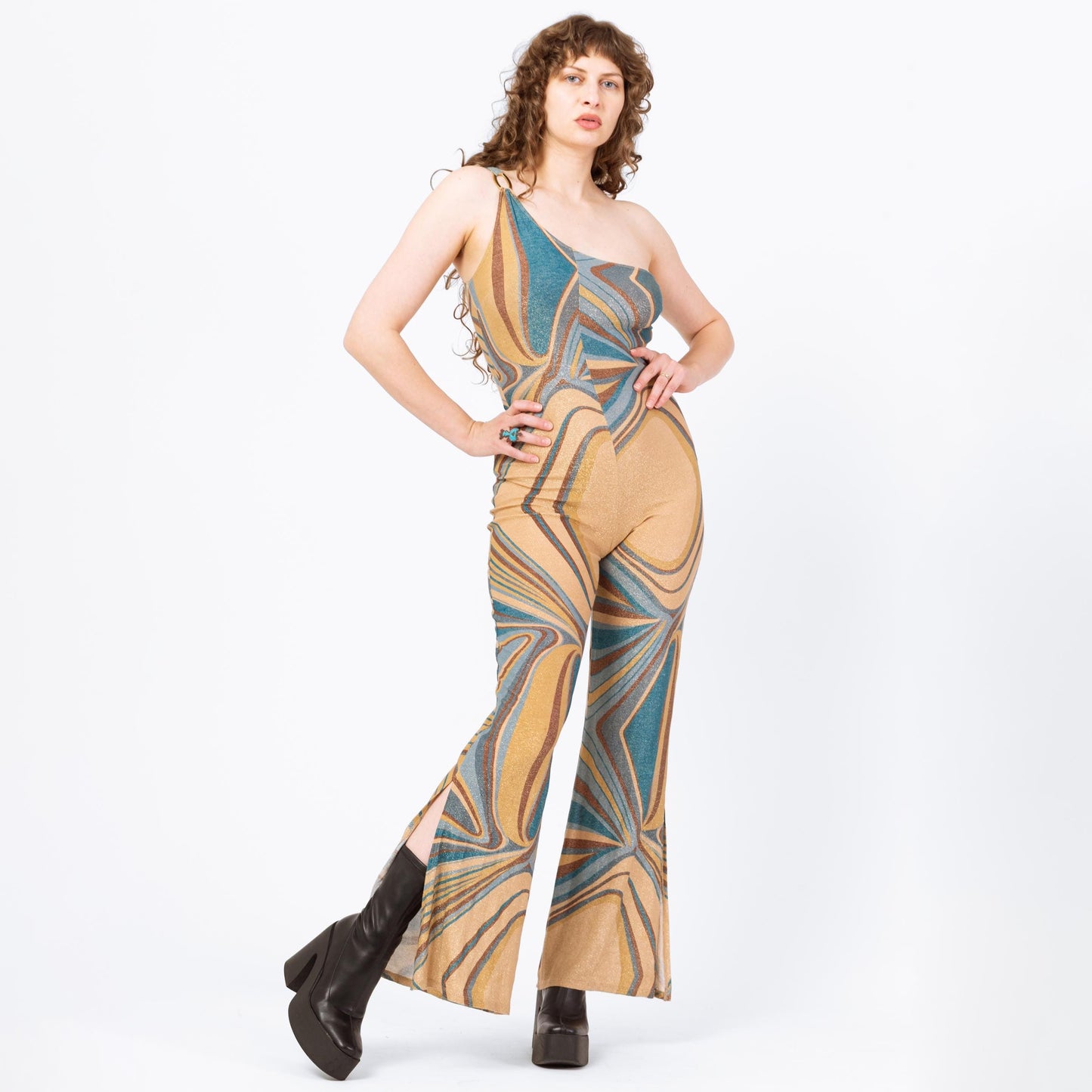 Vintage Y2K Bebe Metallic Psychedelic Jumpsuit - Medium | One Shoulder Split Flared Leg Disco Costume Pantsuit