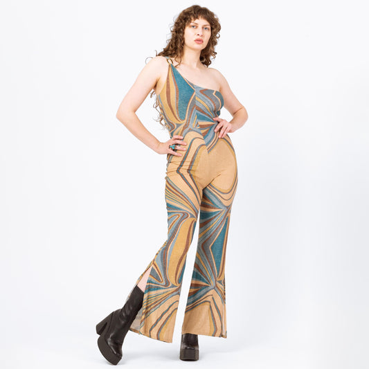 Vintage Y2K Bebe Metallic Psychedelic Jumpsuit - Medium | One Shoulder Split Flared Leg Disco Costume Pantsuit
