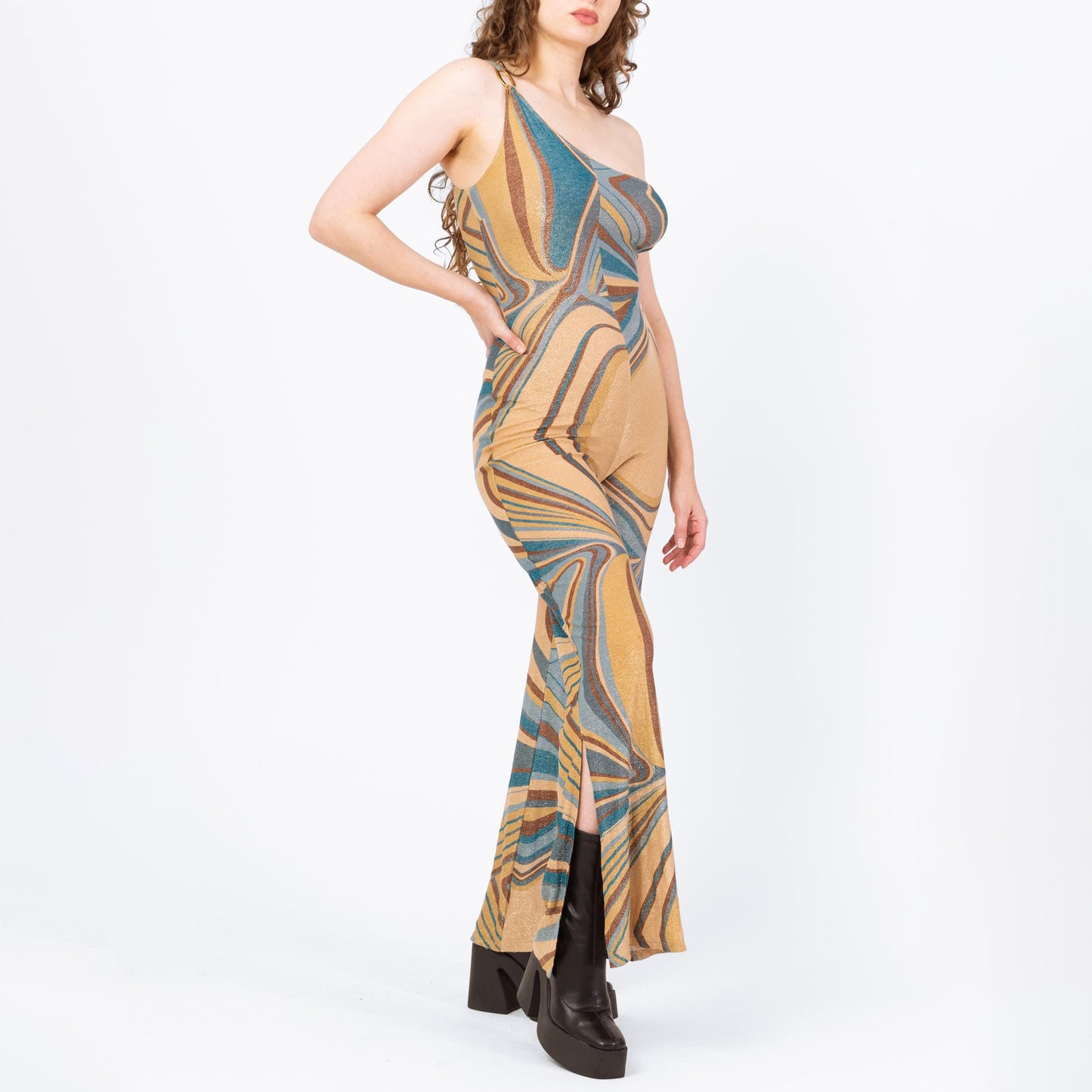 Vintage Y2K Bebe Metallic Psychedelic Jumpsuit - Medium | One Shoulder Split Flared Leg Disco Costume Pantsuit