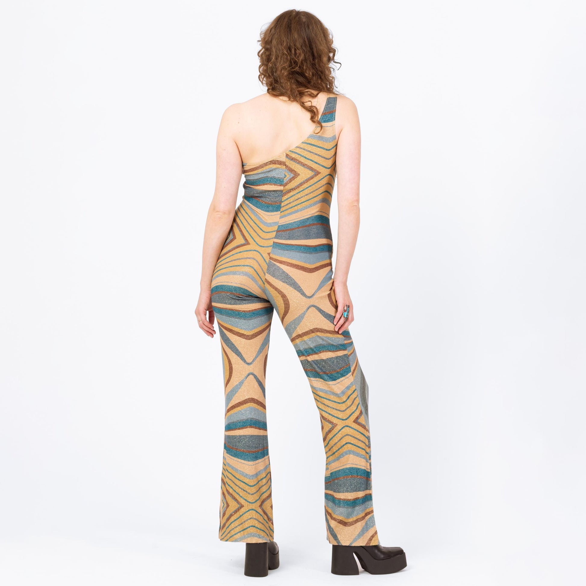 Vintage Y2K Bebe Metallic Psychedelic Jumpsuit - Medium | One Shoulder Split Flared Leg Disco Costume Pantsuit