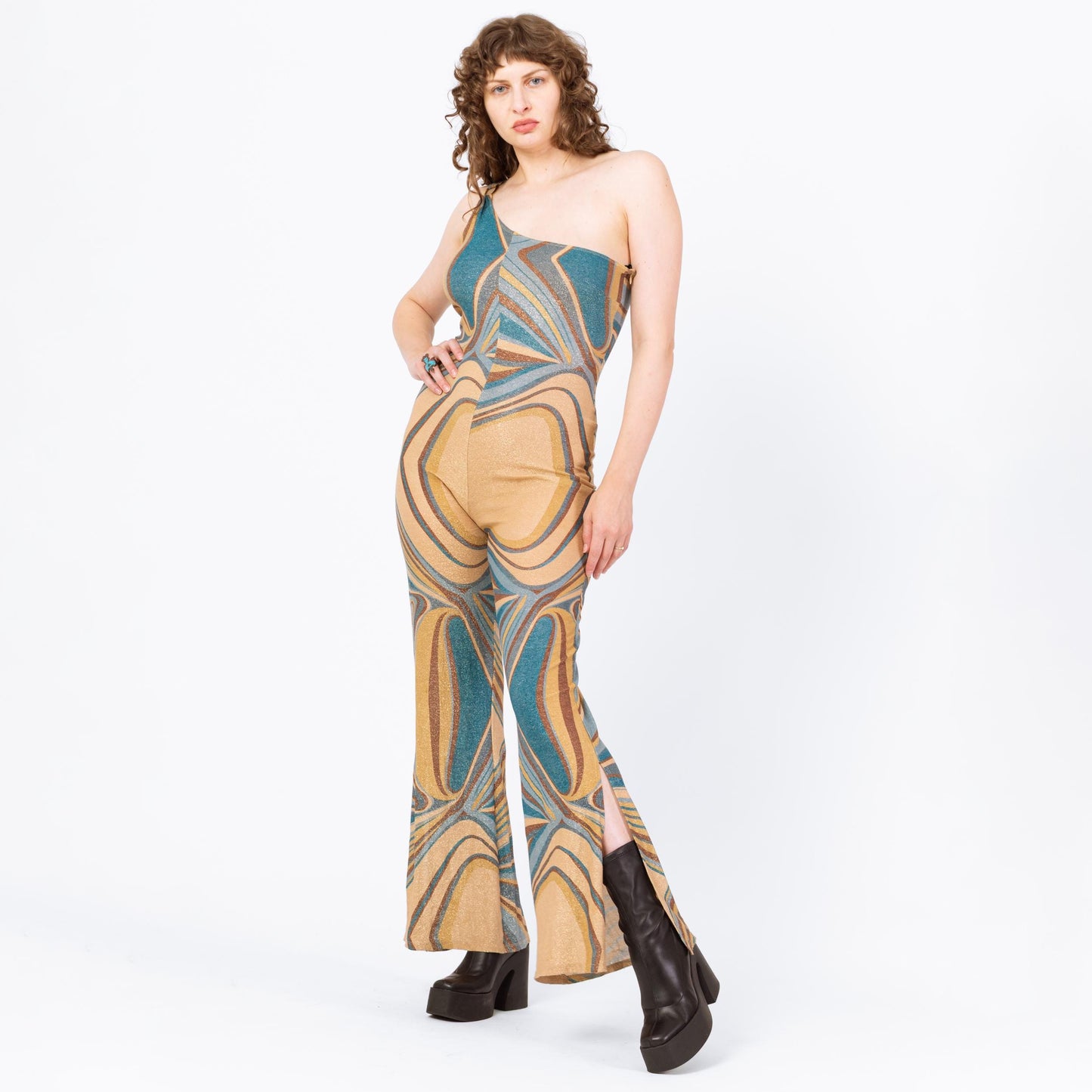Vintage Y2K Bebe Metallic Psychedelic Jumpsuit - Medium | One Shoulder Split Flared Leg Disco Costume Pantsuit