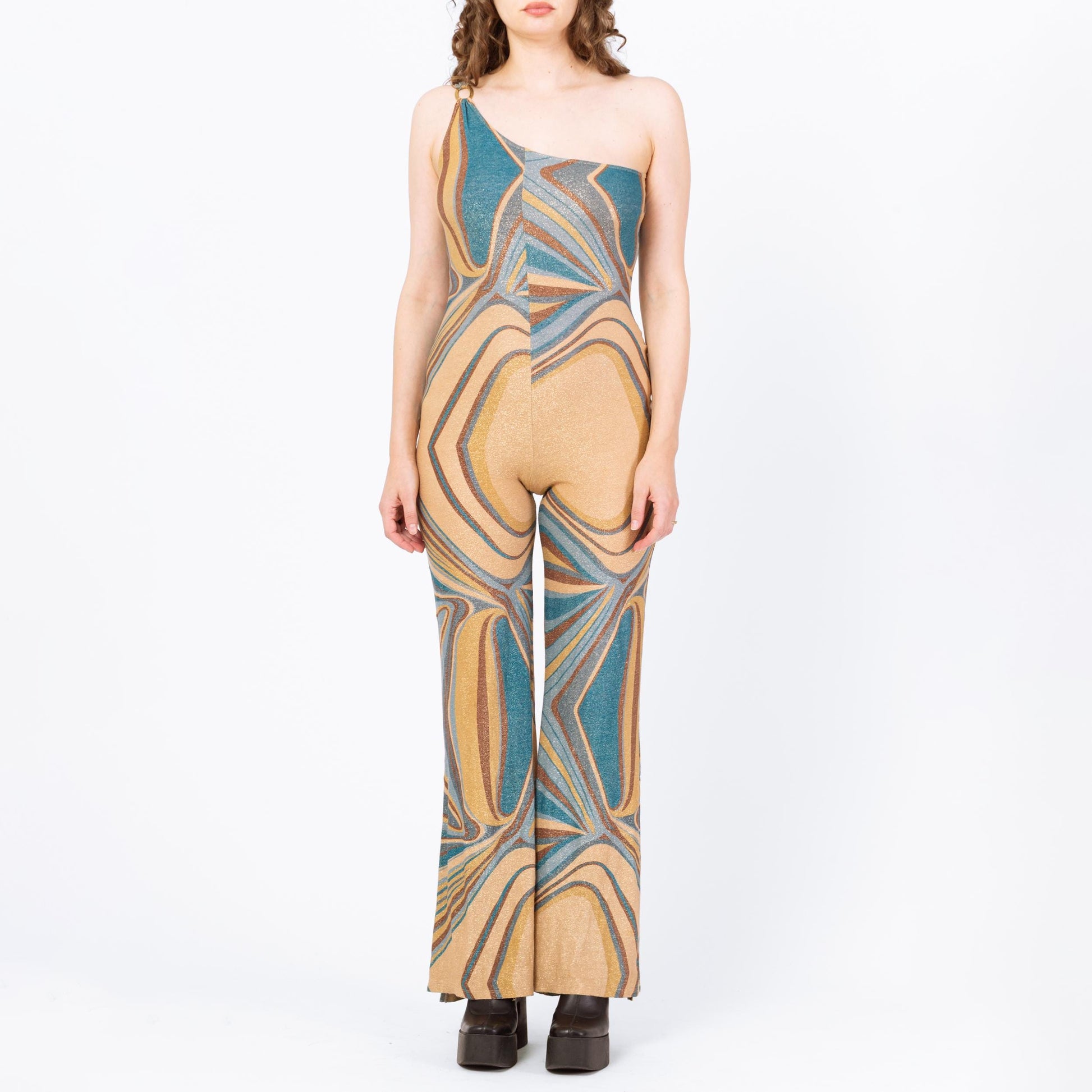 Vintage Y2K Bebe Metallic Psychedelic Jumpsuit - Medium | One Shoulder Split Flared Leg Disco Costume Pantsuit