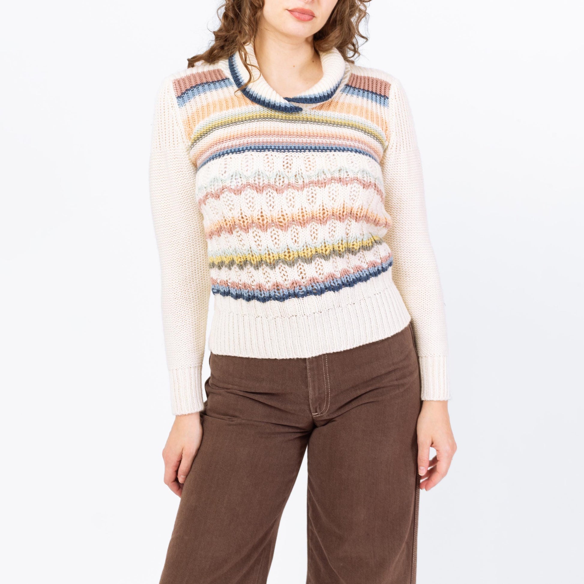 Vintage 70s Pastel Striped Shawl Collar Sweater Top - Medium | Retro Collared Knit Pullover