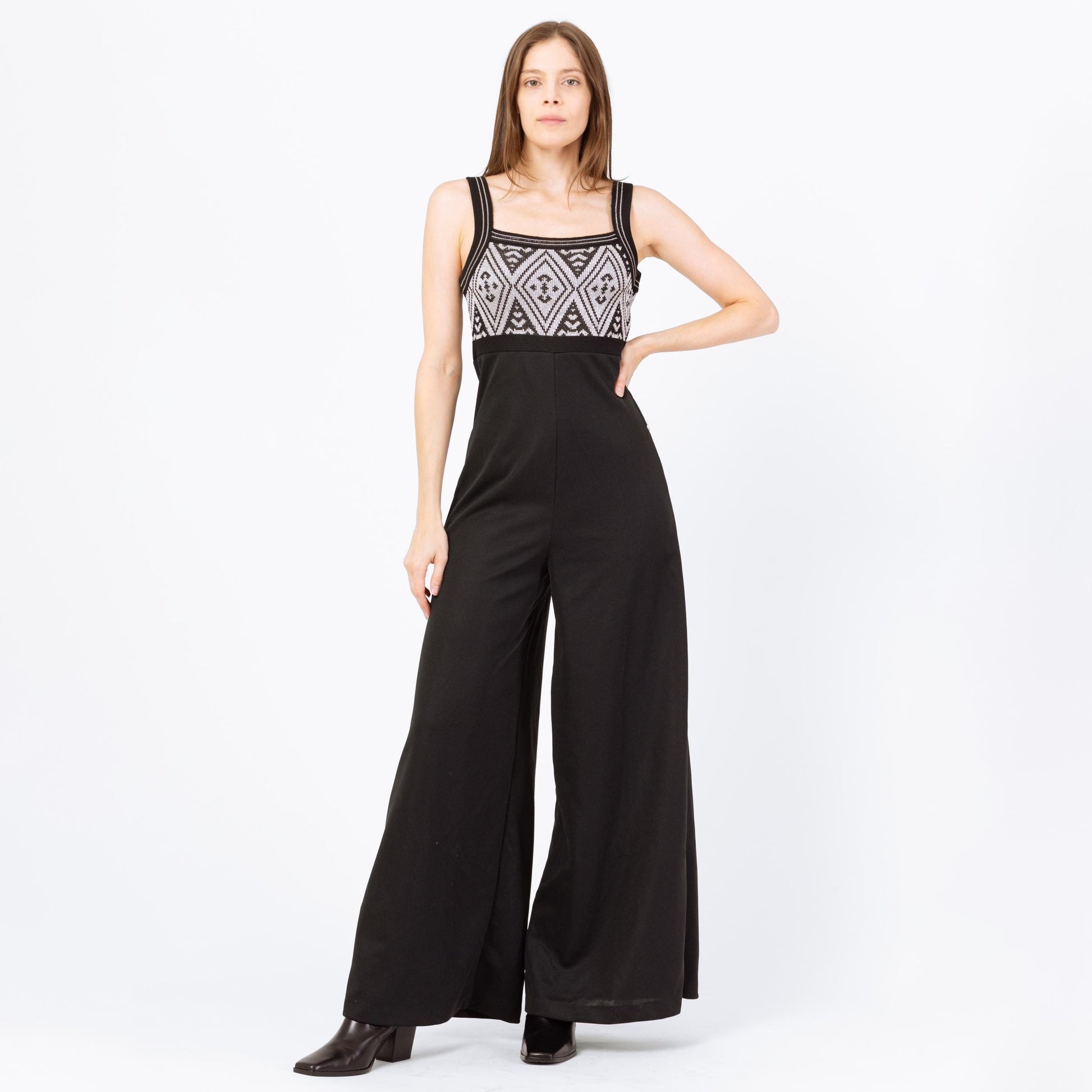 Vintage 70s Black & Silver Lurex Bell Bottom Jumpsuit - Small | Retro Empire Waist Palazzo Disco Pantsuit