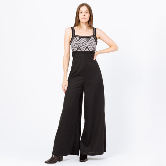 Vintage 70s Black & Silver Lurex Bell Bottom Jumpsuit - Small | Retro Empire Waist Palazzo Disco Pantsuit