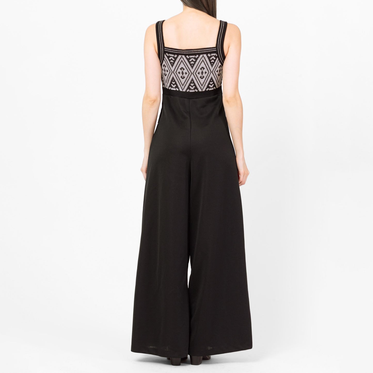 Vintage 70s Black & Silver Lurex Bell Bottom Jumpsuit - Small | Retro Empire Waist Palazzo Disco Pantsuit