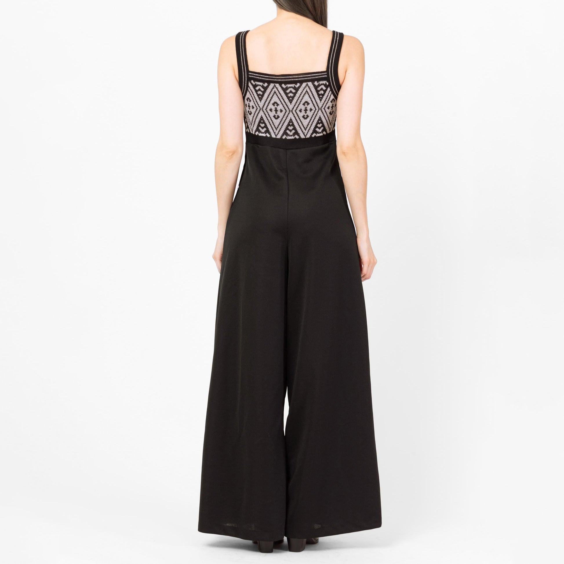 Vintage 70s Black & Silver Lurex Bell Bottom Jumpsuit - Small | Retro Empire Waist Palazzo Disco Pantsuit