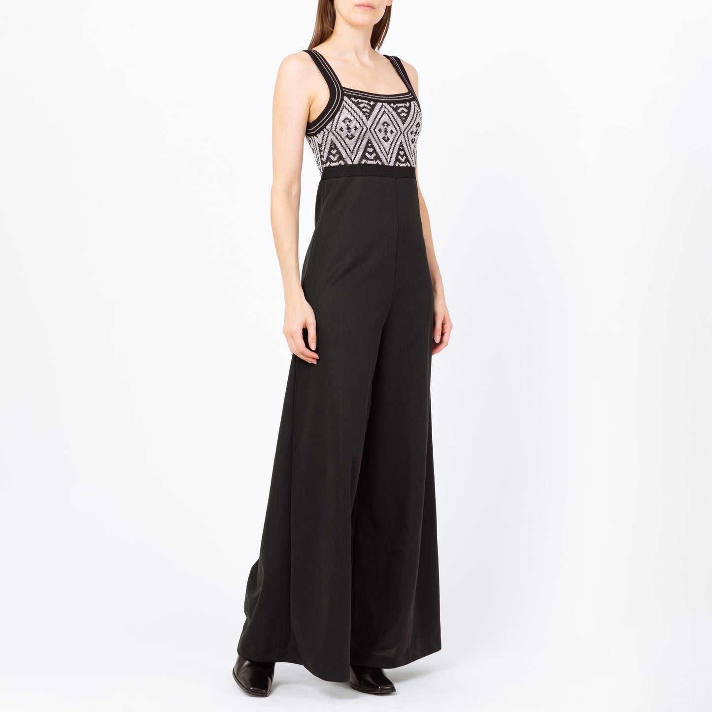 Vintage 70s Black & Silver Lurex Bell Bottom Jumpsuit - Small | Retro Empire Waist Palazzo Disco Pantsuit