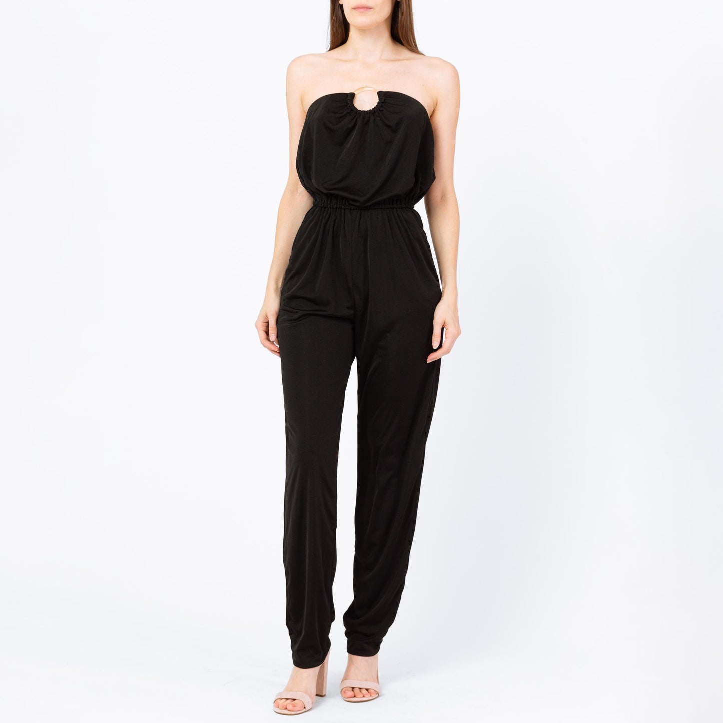 Vintage 70s 80s Black Strapless Disco Jumpsuit - Small | Retro Blouson O Ring Tapered Leg Pantsuit