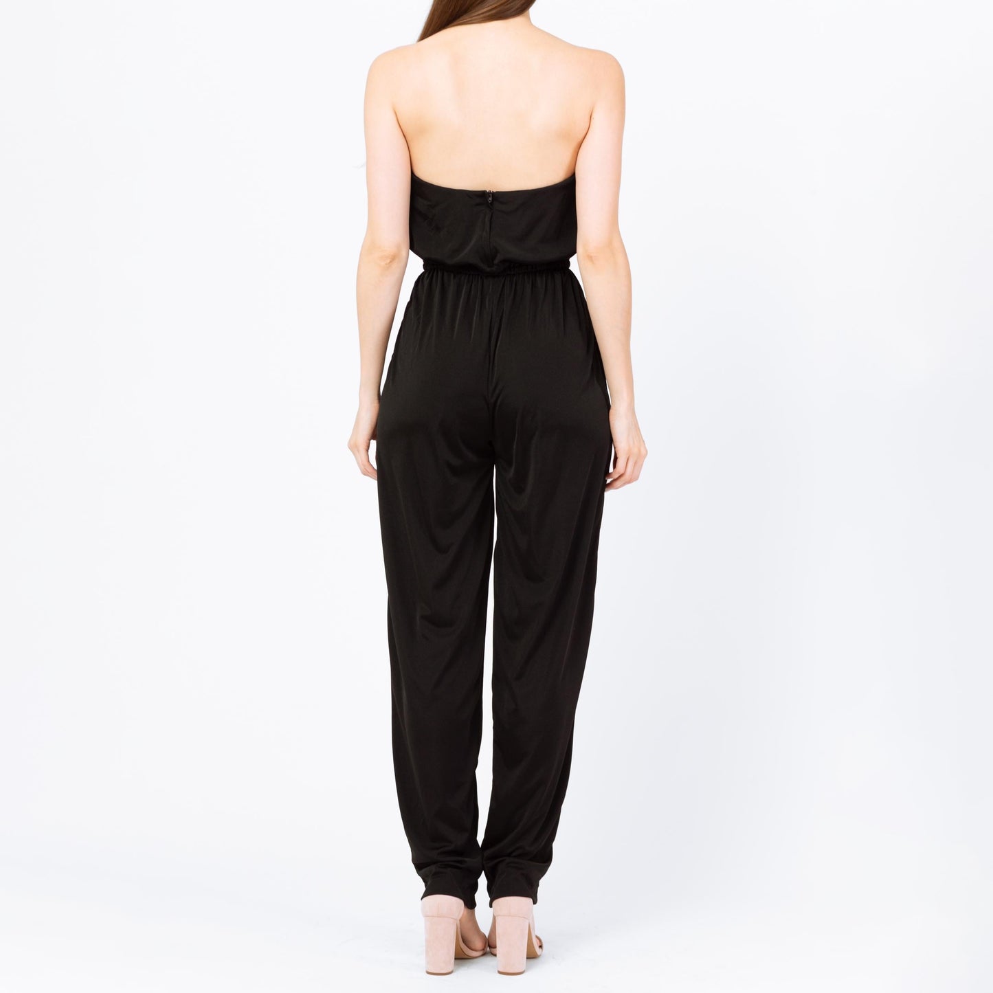 Vintage 70s 80s Black Strapless Disco Jumpsuit - Small | Retro Blouson O Ring Tapered Leg Pantsuit