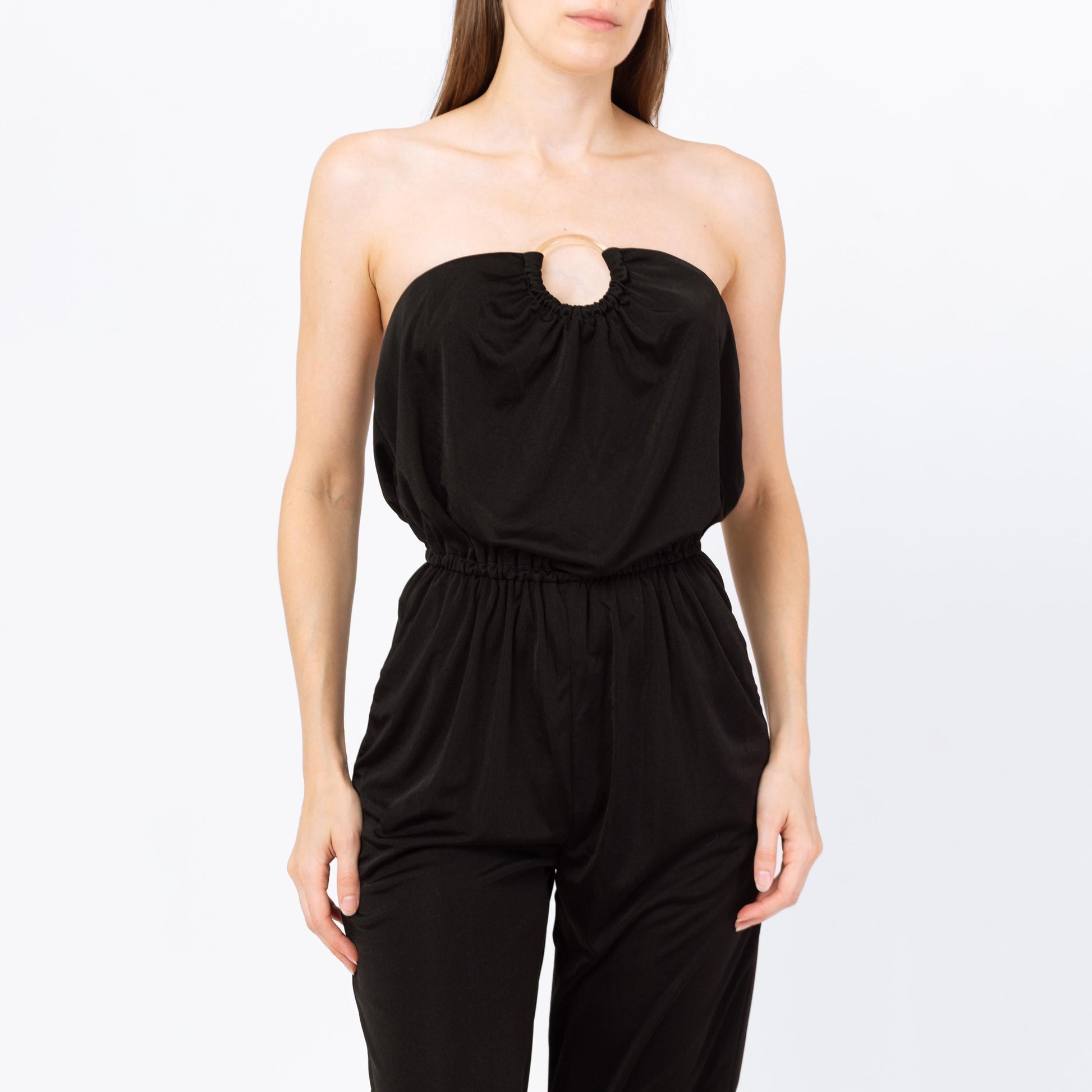 Vintage 70s 80s Black Strapless Disco Jumpsuit - Small | Retro Blouson O Ring Tapered Leg Pantsuit