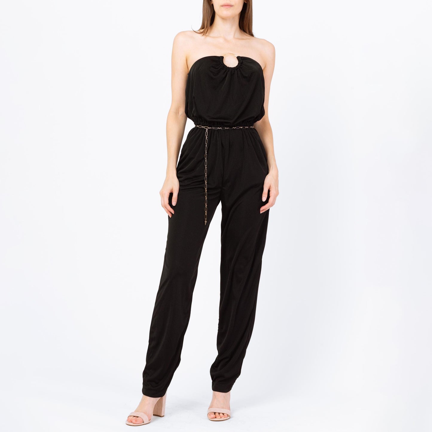 Vintage 70s 80s Black Strapless Disco Jumpsuit - Small | Retro Blouson O Ring Tapered Leg Pantsuit