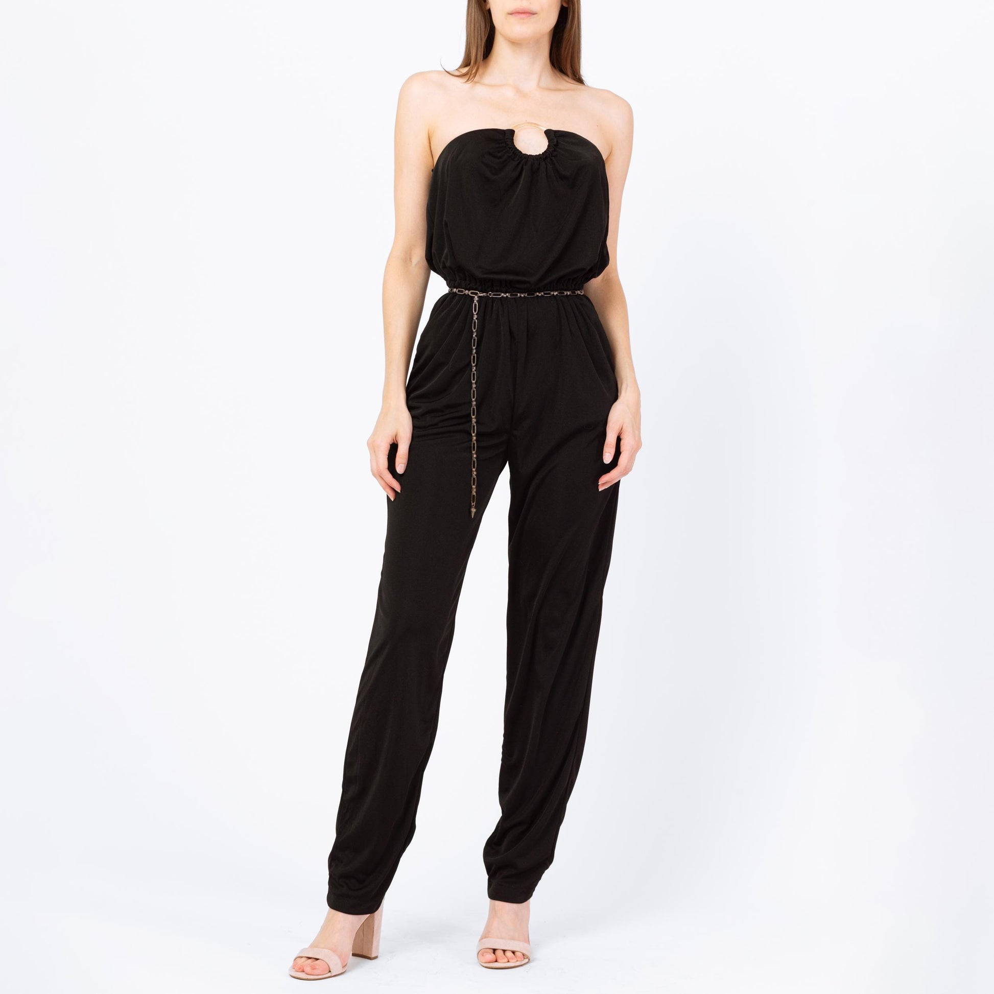 Vintage 70s 80s Black Strapless Disco Jumpsuit - Small | Retro Blouson O Ring Tapered Leg Pantsuit