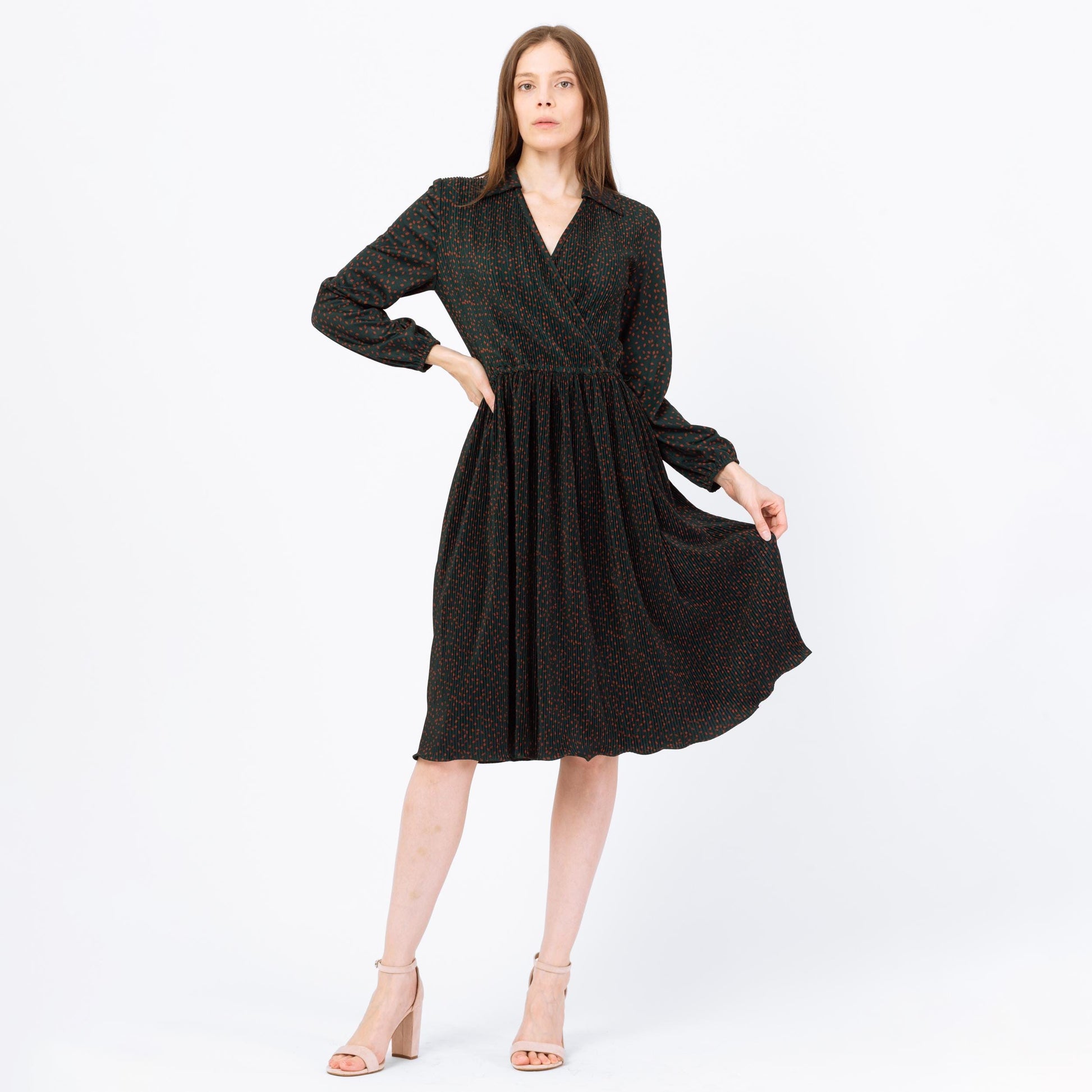 Vintage 70s Plisse Dark Forest Green Midi Dress - Medium | Hal Ferman A Line Pleated Fitted Waist Dress