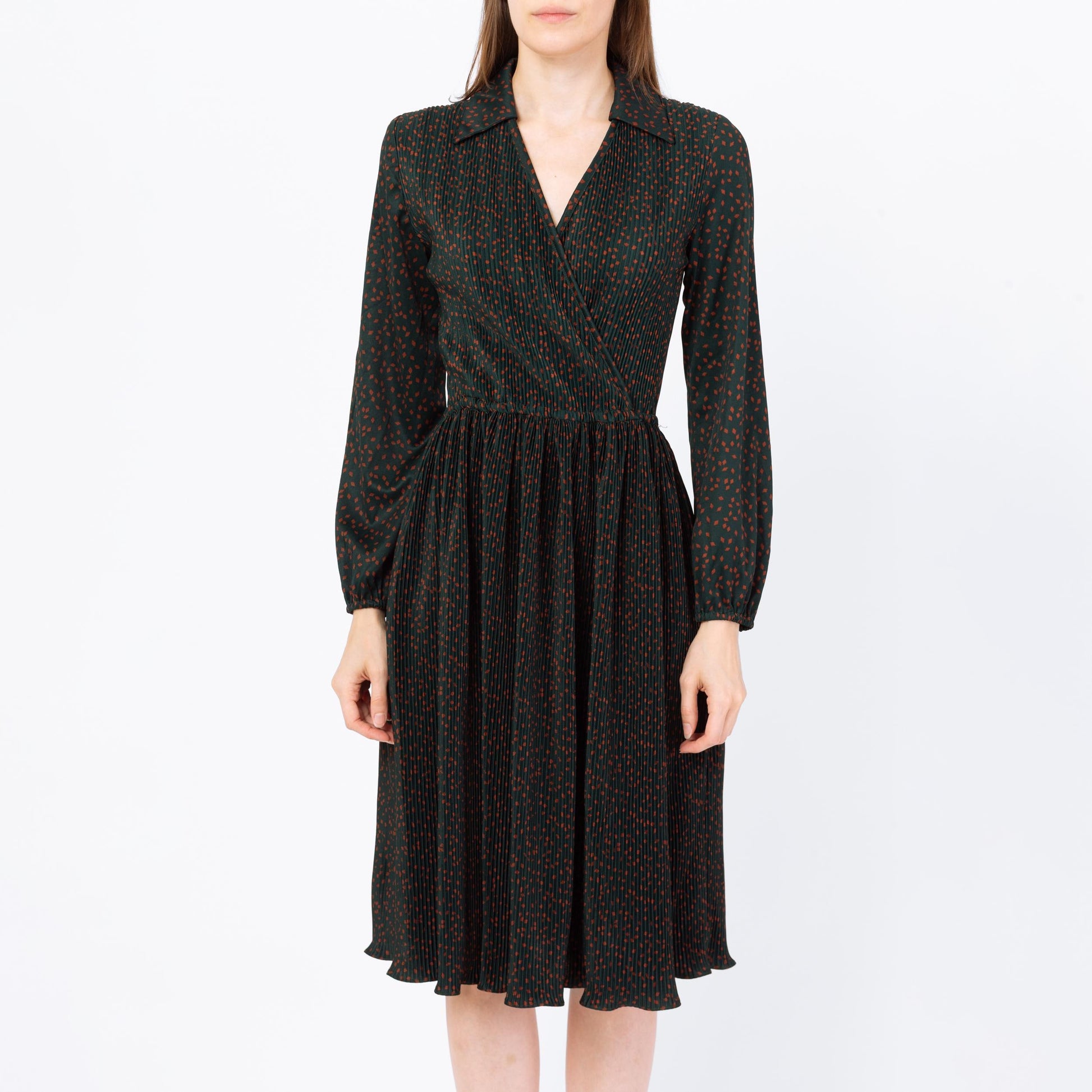 Vintage 70s Plisse Dark Forest Green Midi Dress - Medium | Hal Ferman A Line Pleated Fitted Waist Dress