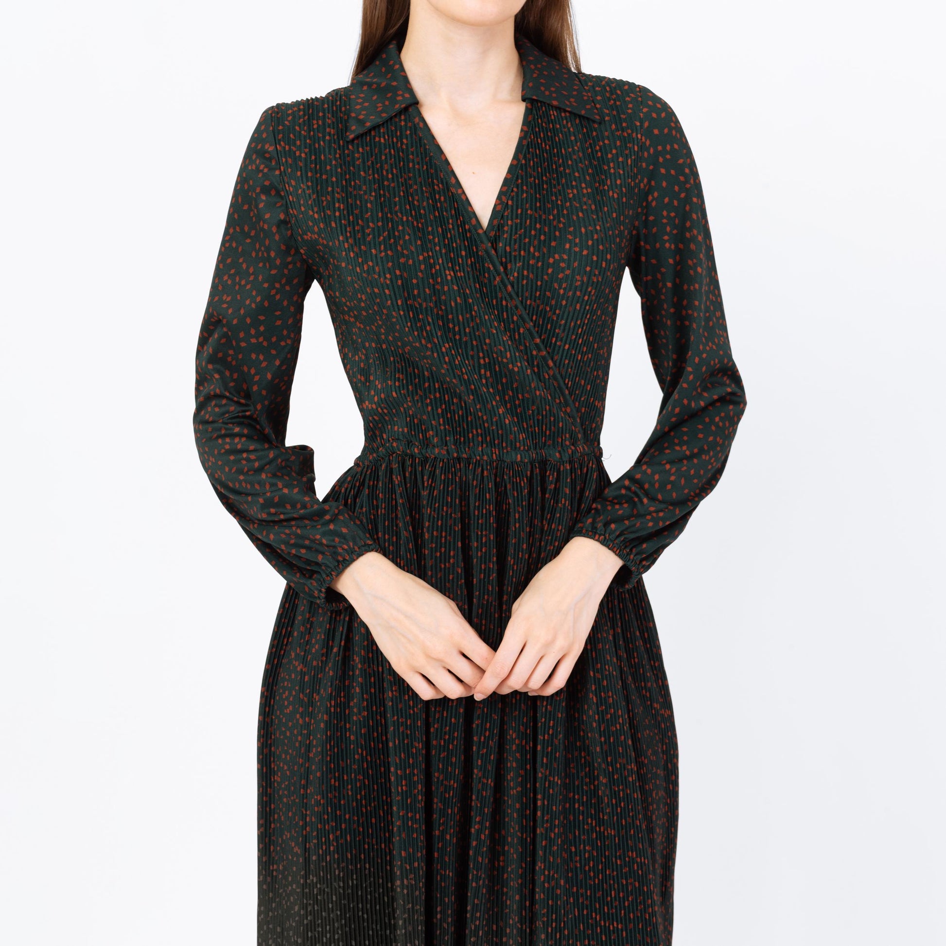 Vintage 70s Plisse Dark Forest Green Midi Dress - Medium | Hal Ferman A Line Pleated Fitted Waist Dress