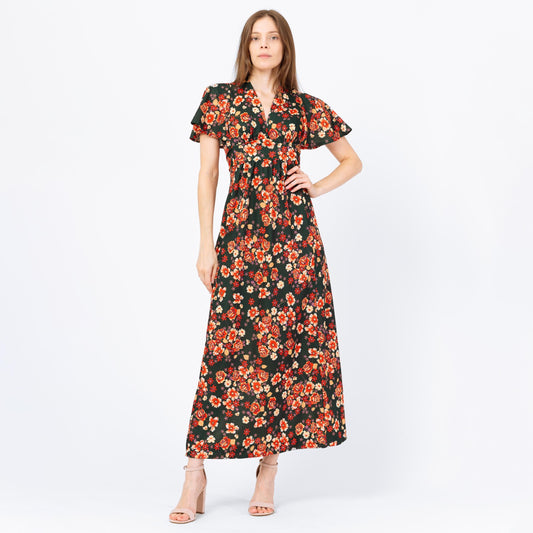 Vintage 70s Green & Orange Floral Flutter Sleeve Prairie Maxi Dress - Extra Small | Boho Hippie Formal Gown