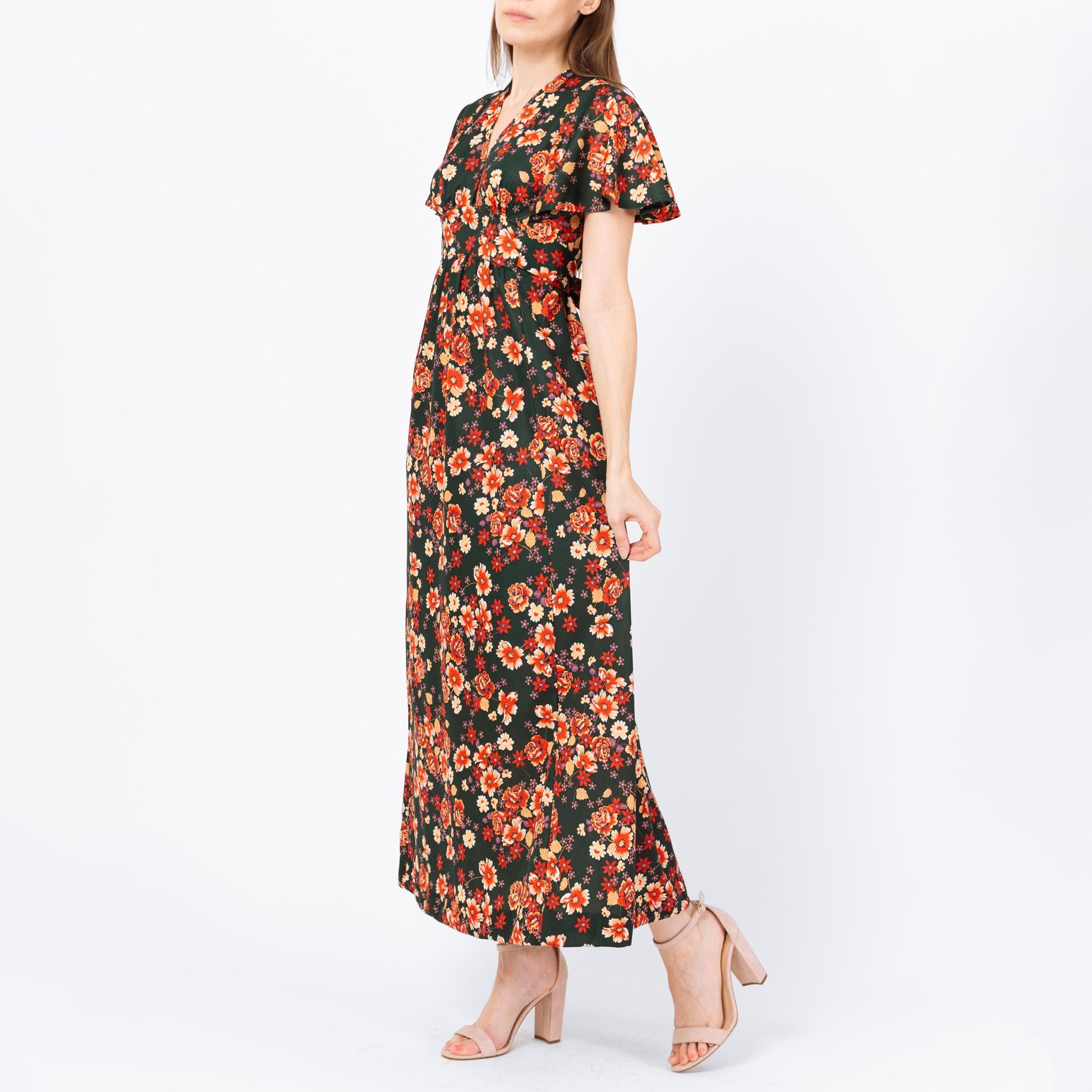 Vintage 70s Green & Orange Floral Flutter Sleeve Prairie Maxi Dress - Extra Small | Boho Hippie Formal Gown