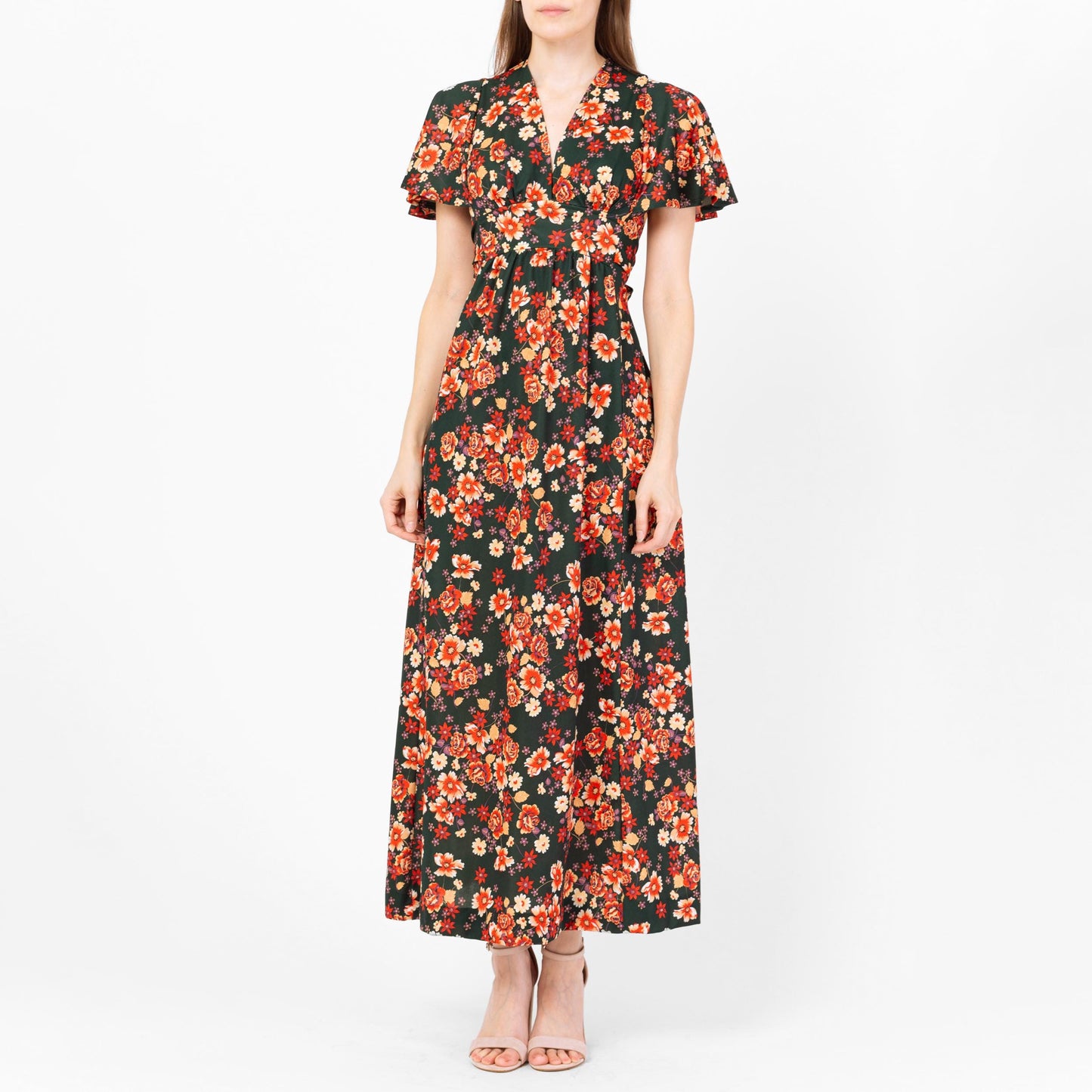 Vintage 70s Green & Orange Floral Flutter Sleeve Prairie Maxi Dress - Extra Small | Boho Hippie Formal Gown