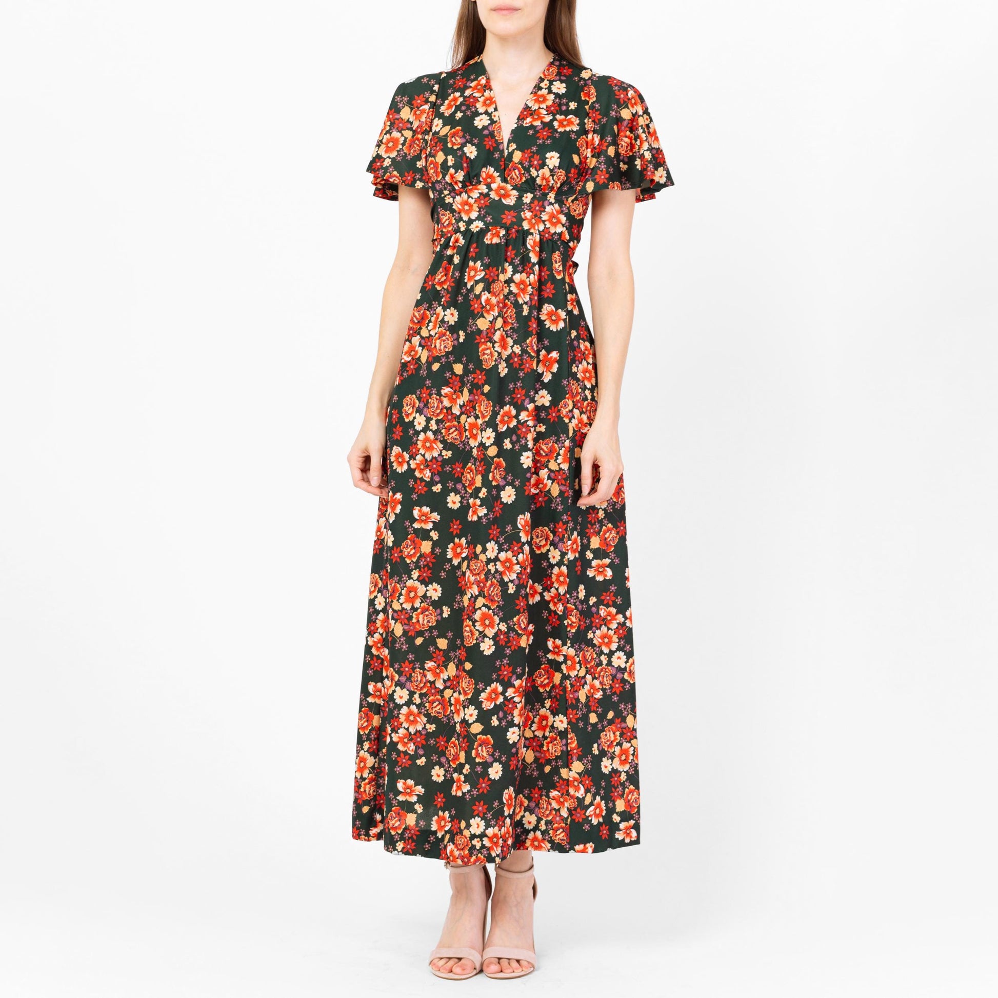 Vintage 70s Green & Orange Floral Flutter Sleeve Prairie Maxi Dress - Extra Small | Boho Hippie Formal Gown