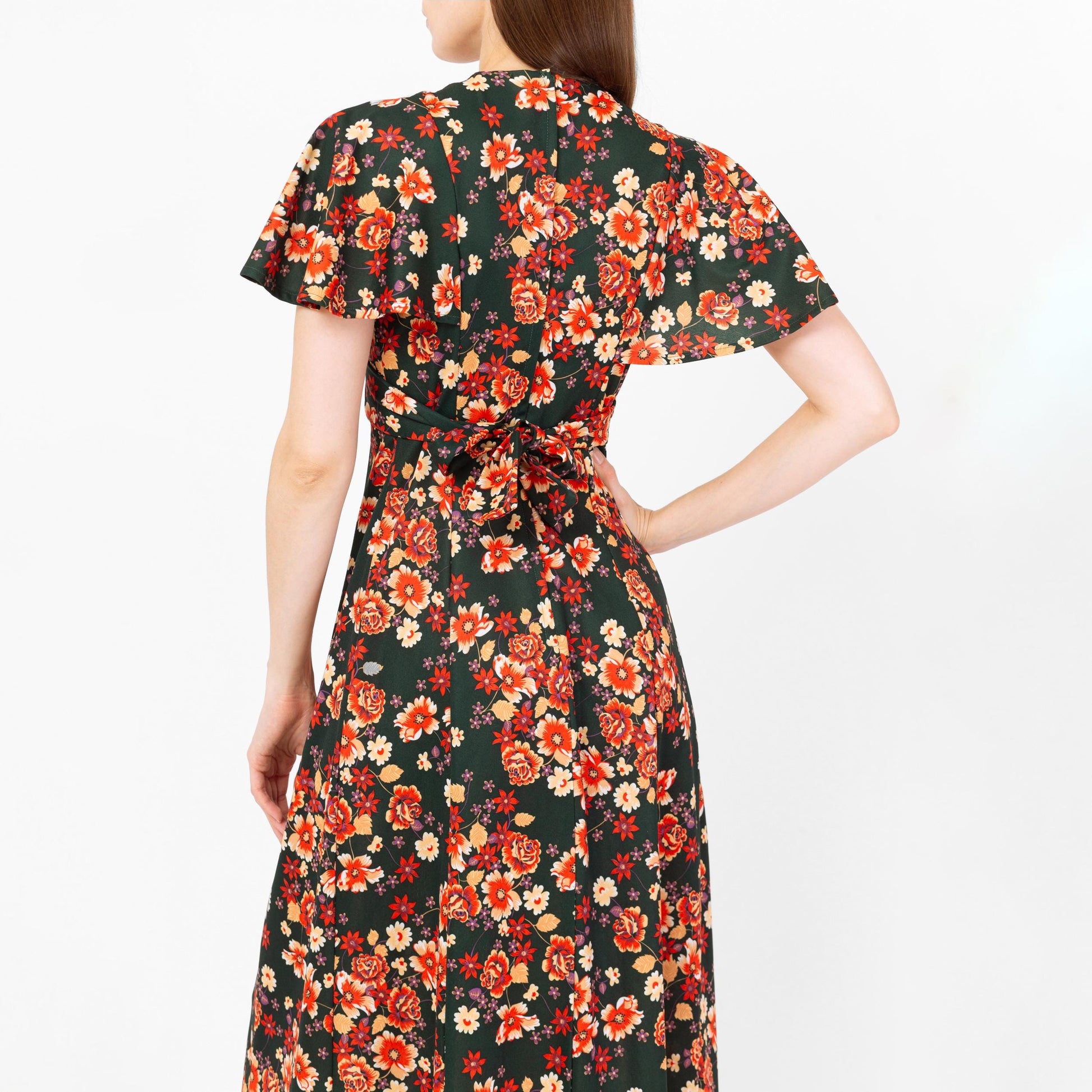 Vintage 70s Green & Orange Floral Flutter Sleeve Prairie Maxi Dress - Extra Small | Boho Hippie Formal Gown