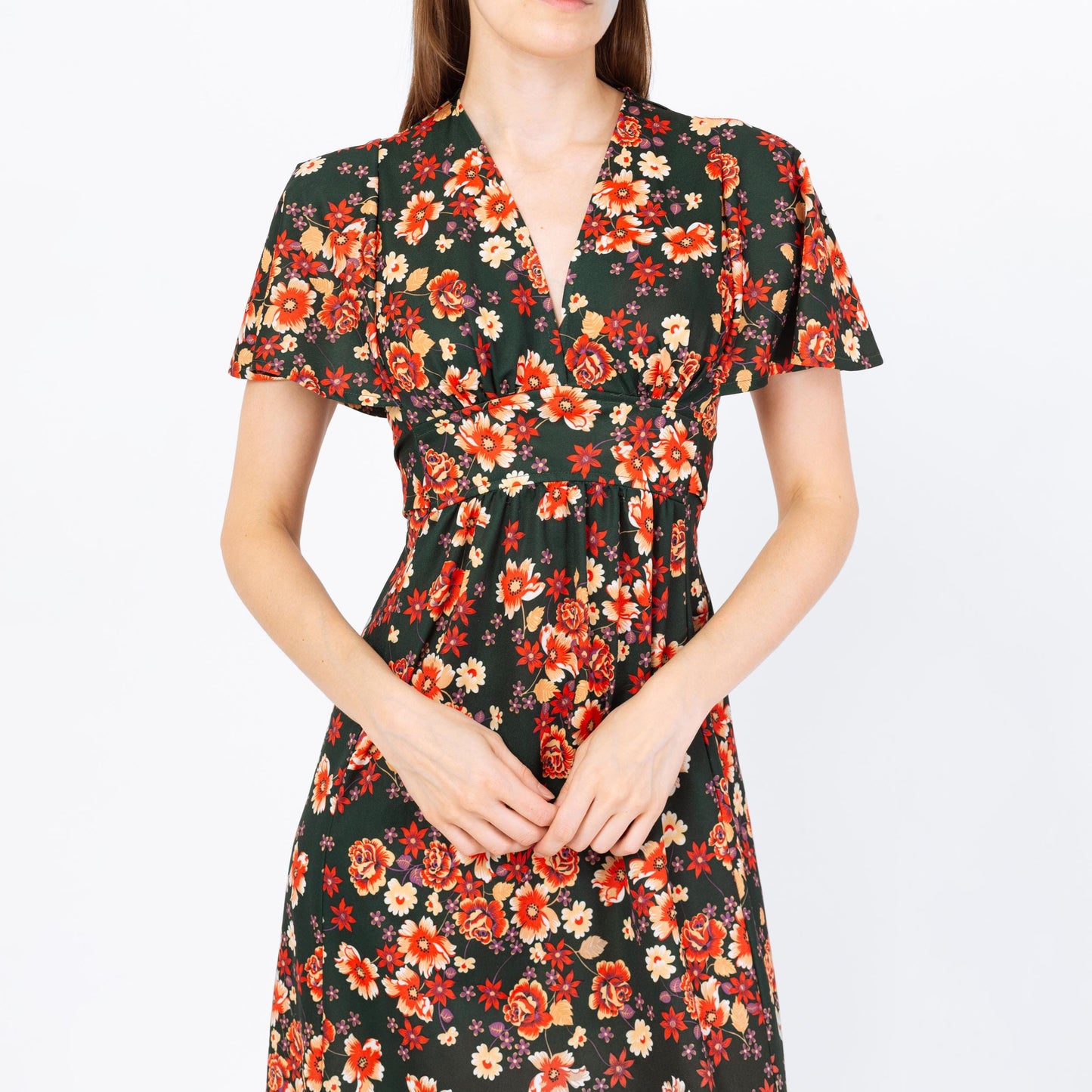Vintage 70s Green & Orange Floral Flutter Sleeve Prairie Maxi Dress - Extra Small | Boho Hippie Formal Gown