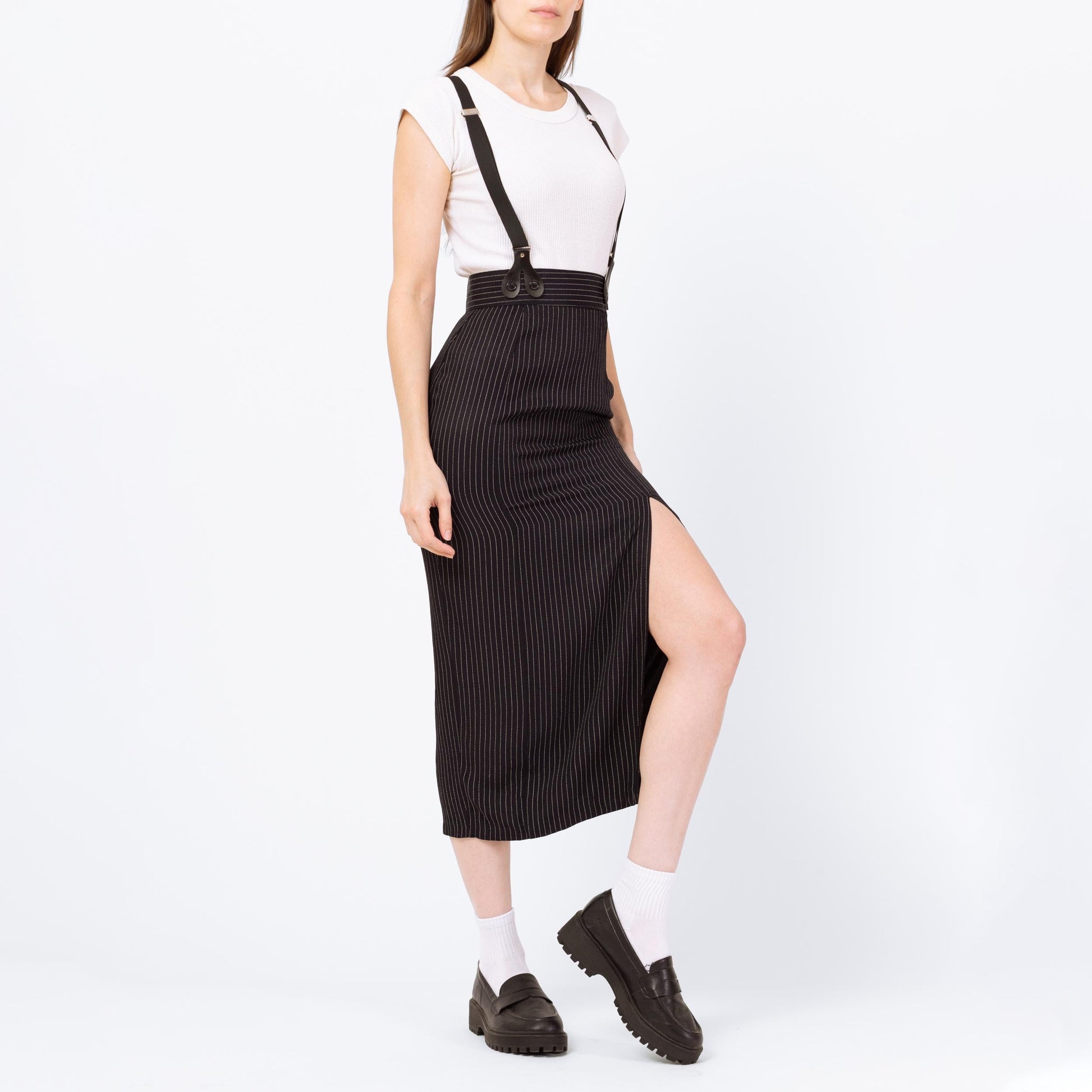 Vintage 90s Black Pinstriped Pinafore Suspender Dress - Extra Small | Alt Punk High Thigh Slit Midi Maxi Skirt, Office Dress