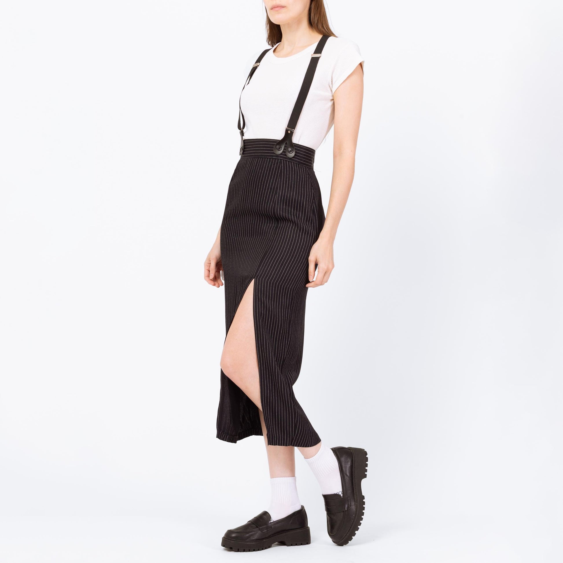 Vintage 90s Black Pinstriped Pinafore Suspender Dress - Extra Small | Alt Punk High Thigh Slit Midi Maxi Skirt, Office Dress
