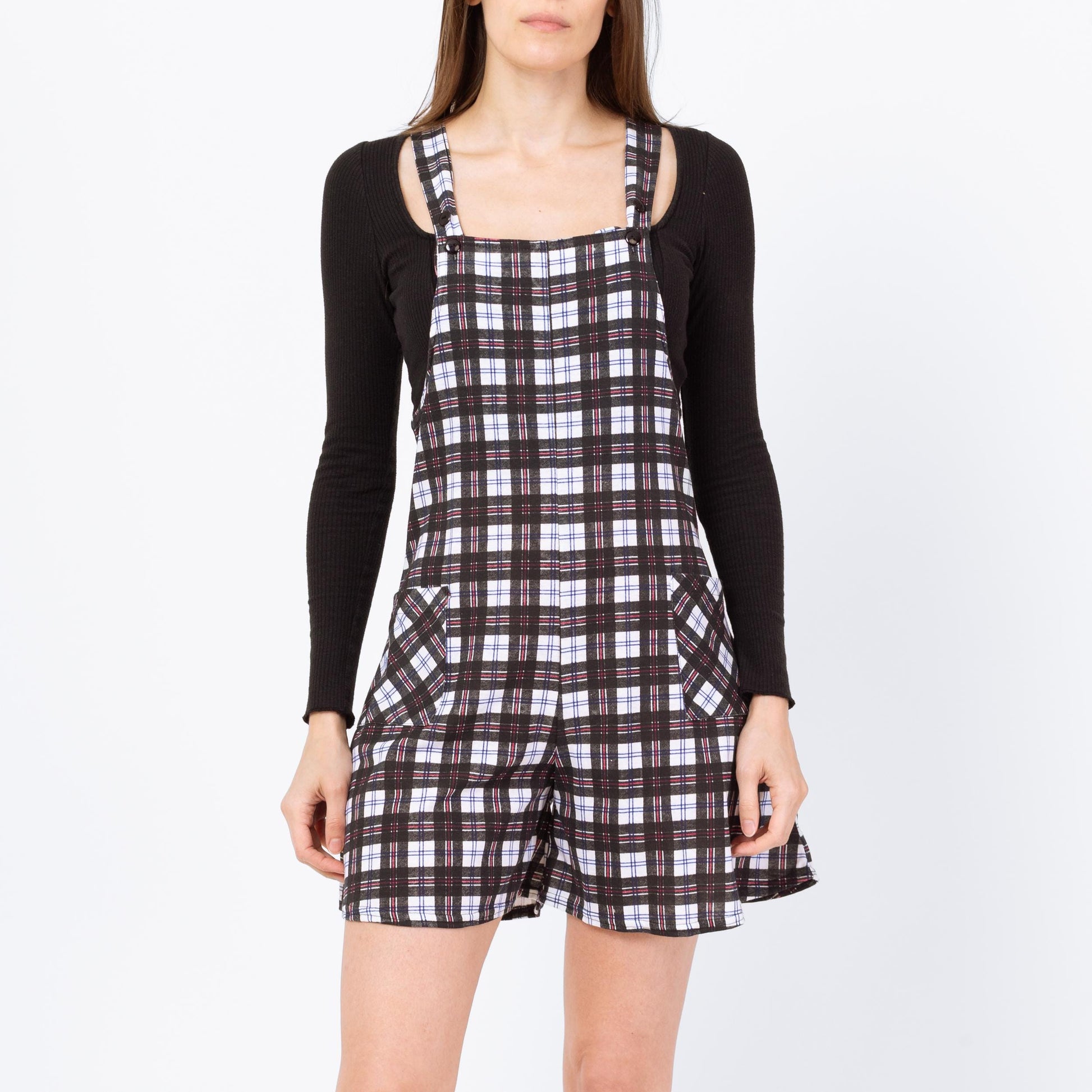 Vintage 90s Black & White Plaid Overall Romper - Petite Extra Small | Punk Playsuit, Gothic Outfit