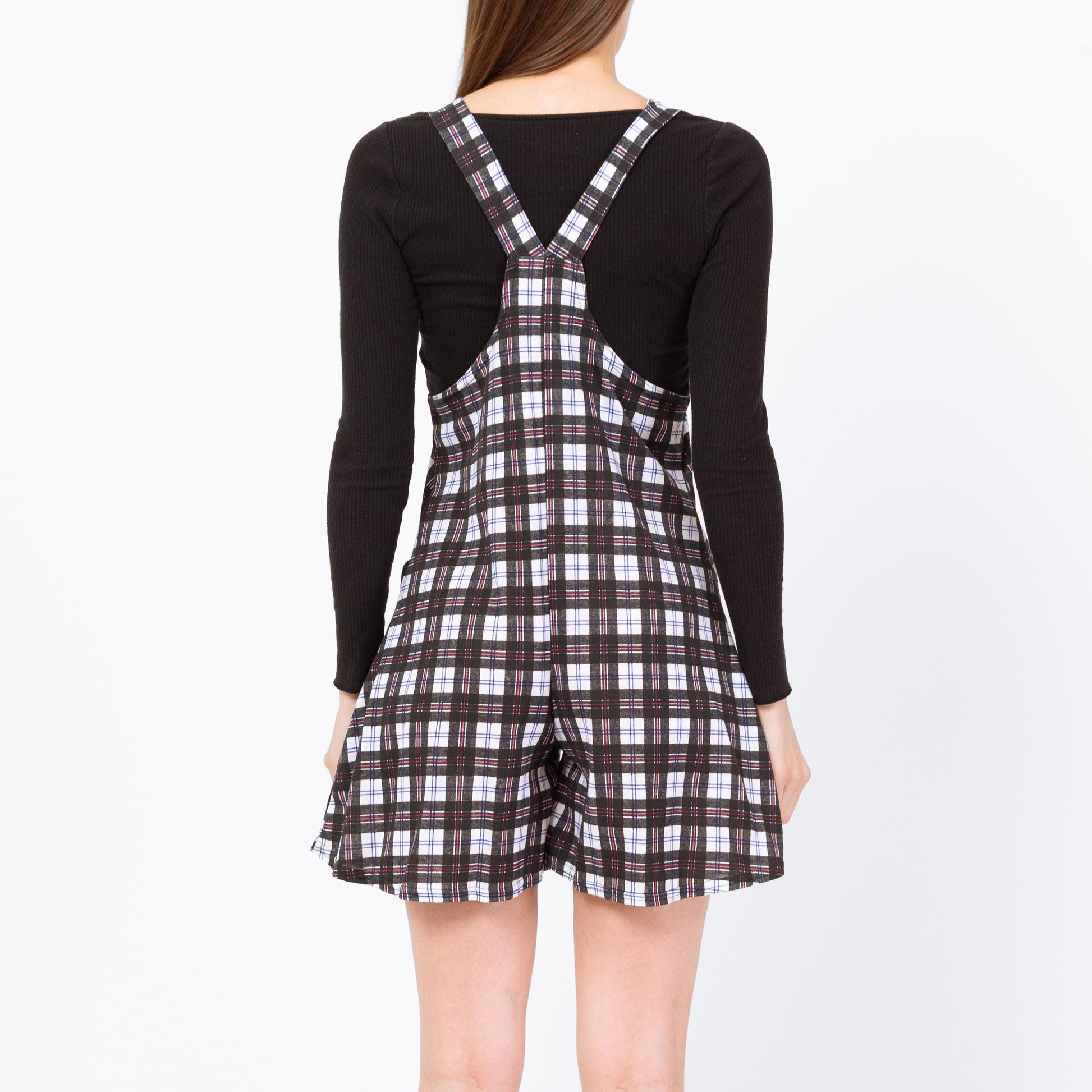 Vintage 90s Black & White Plaid Overall Romper - Petite Extra Small | Punk Playsuit, Gothic Outfit