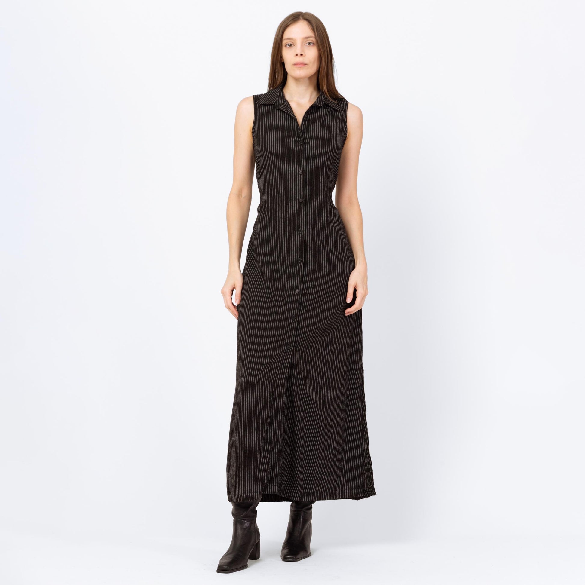 Vintage 90s Black Pinstriped Drawstring Waist Maxi Dress - Small | Linen Blend Minimalist Sleeveless Collared Button Up Dress