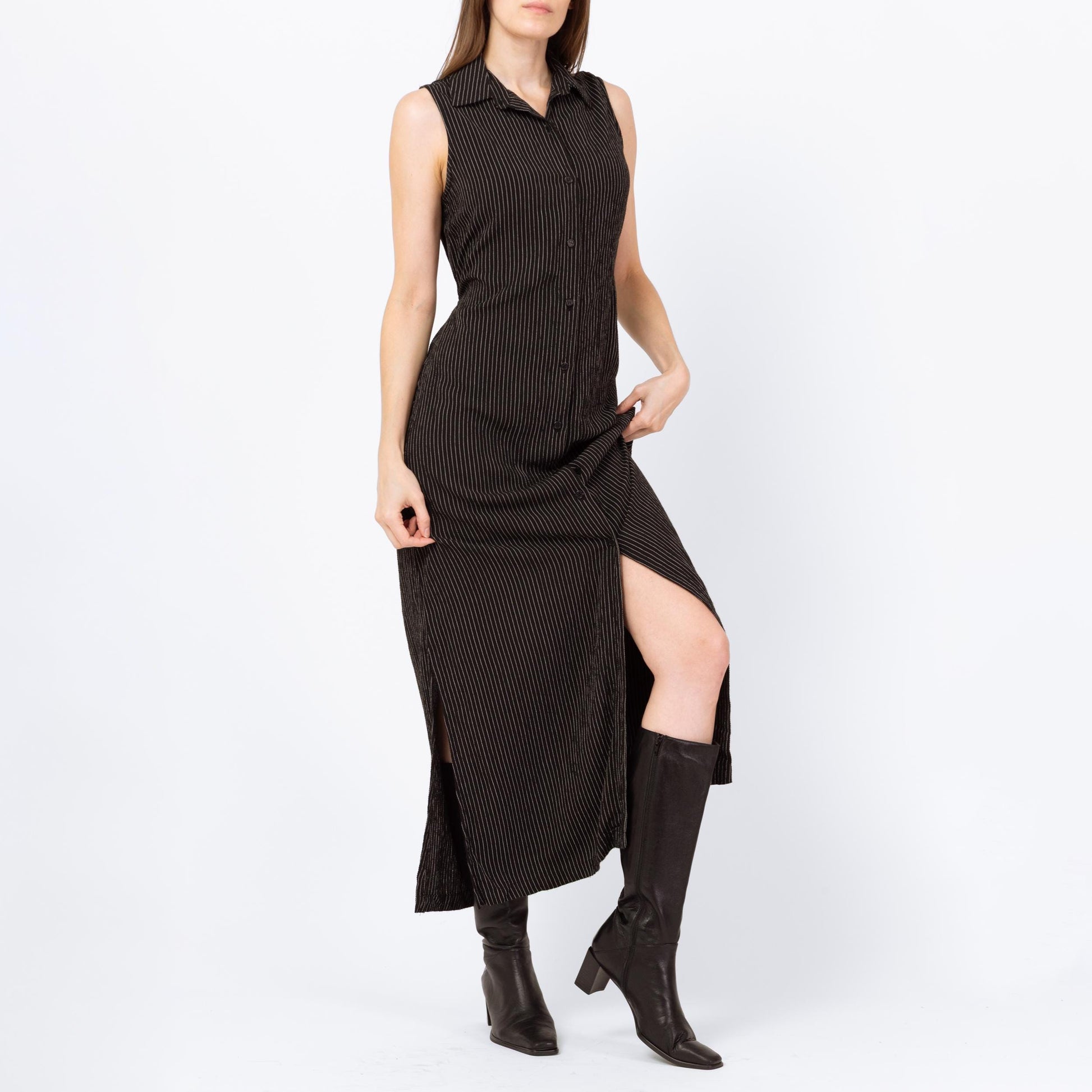 Vintage 90s Black Pinstriped Drawstring Waist Maxi Dress - Small | Linen Blend Minimalist Sleeveless Collared Button Up Dress