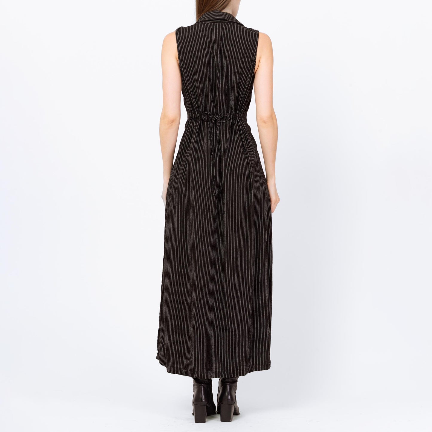 Vintage 90s Black Pinstriped Drawstring Waist Maxi Dress - Small | Linen Blend Minimalist Sleeveless Collared Button Up Dress