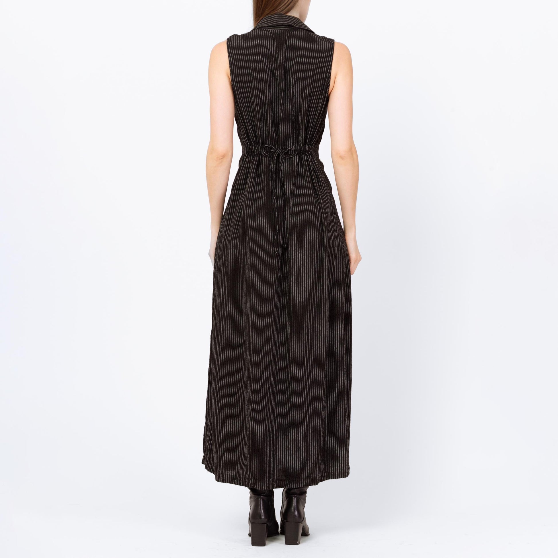 Vintage 90s Black Pinstriped Drawstring Waist Maxi Dress - Small | Linen Blend Minimalist Sleeveless Collared Button Up Dress