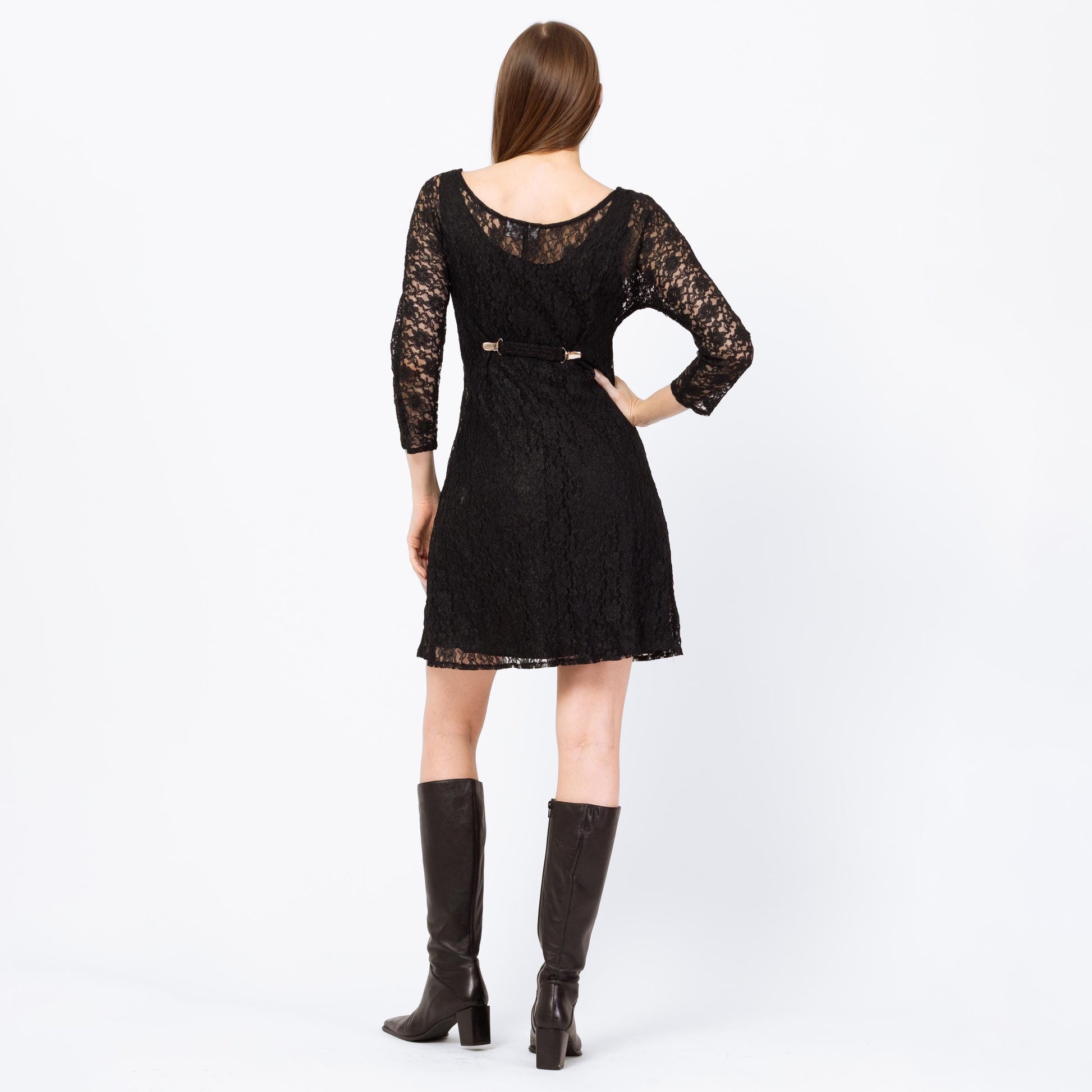 Vintage 90s Black Sheer Lace Mini Dress - Small | Long Sleeve Goth Grunge Dress