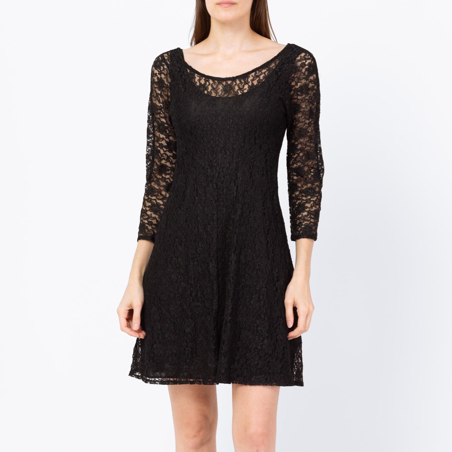 Vintage 90s Black Sheer Lace Mini Dress - Small | Long Sleeve Goth Grunge Dress