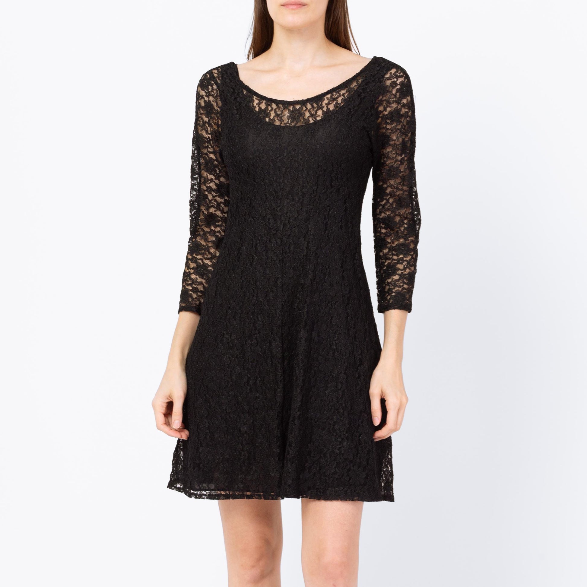 Vintage 90s Black Sheer Lace Mini Dress - Small | Long Sleeve Goth Grunge Dress