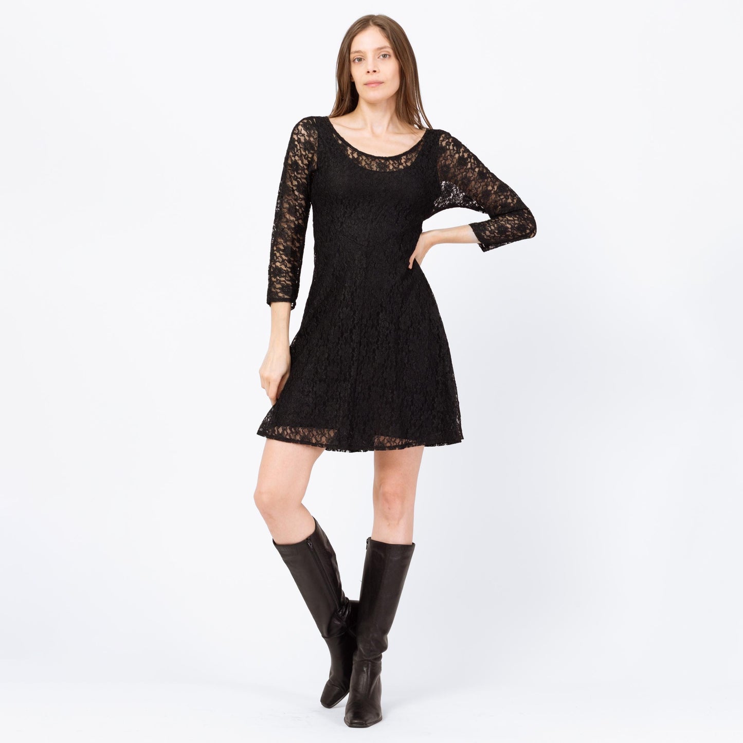Vintage 90s Black Sheer Lace Mini Dress - Small | Long Sleeve Goth Grunge Dress