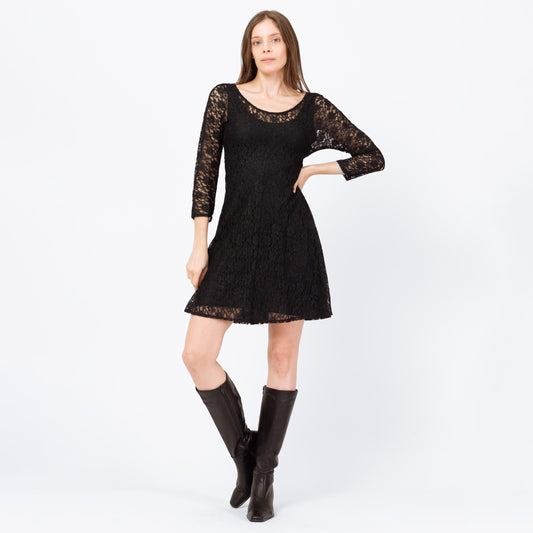 Vintage 90s Black Sheer Lace Mini Dress - Small | Long Sleeve Goth Grunge Dress