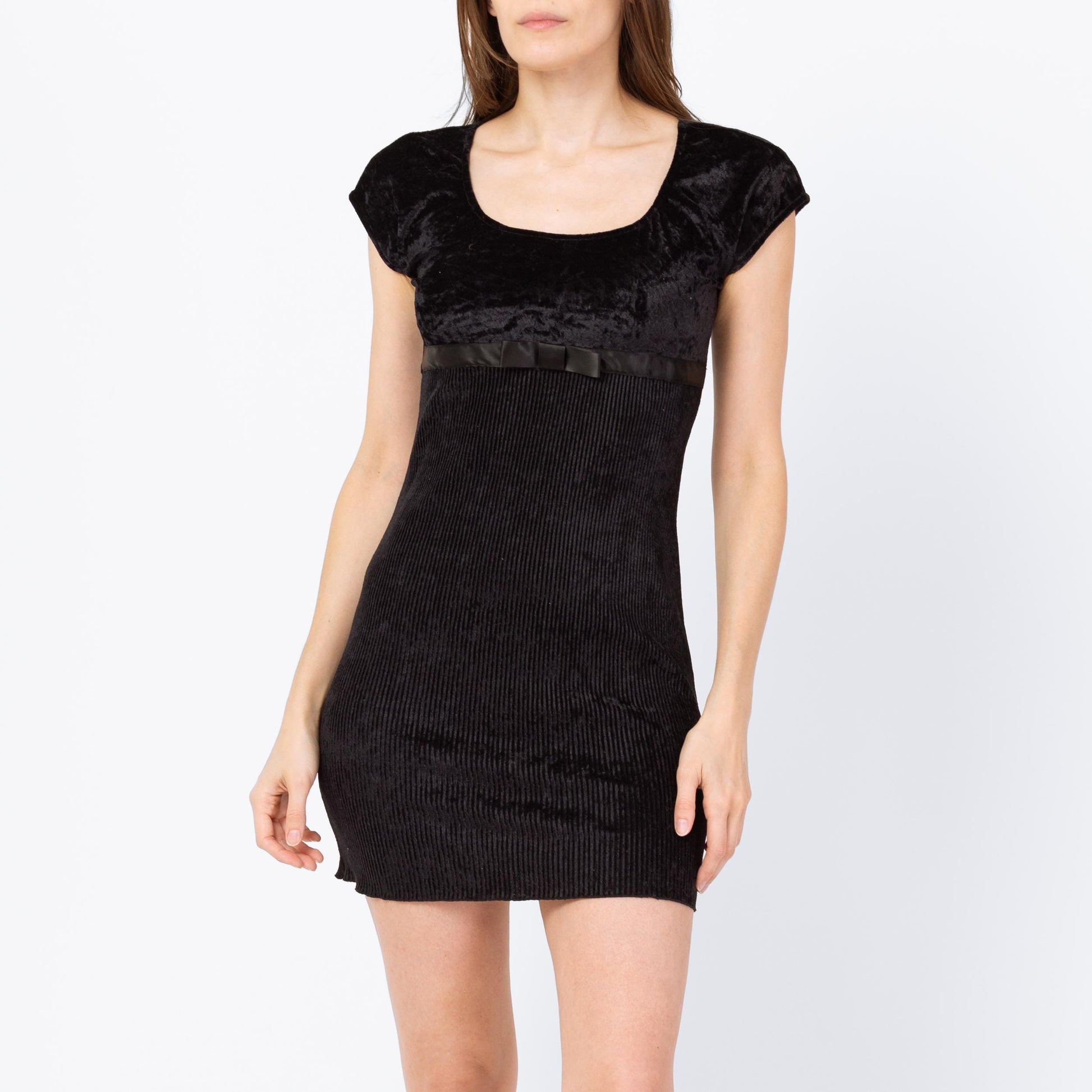 Vintage 90s Black Velvet Babydoll Mini Dress - Small | Gothic Short Sleeve Bodycon Dress