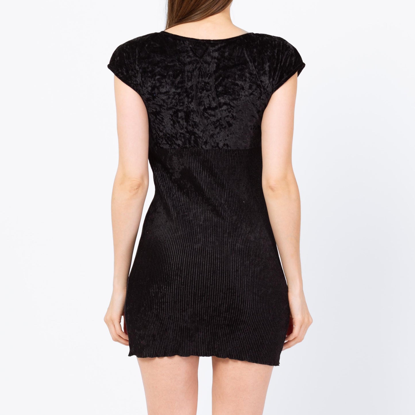 Vintage 90s Black Velvet Babydoll Mini Dress - Small | Gothic Short Sleeve Bodycon Dress