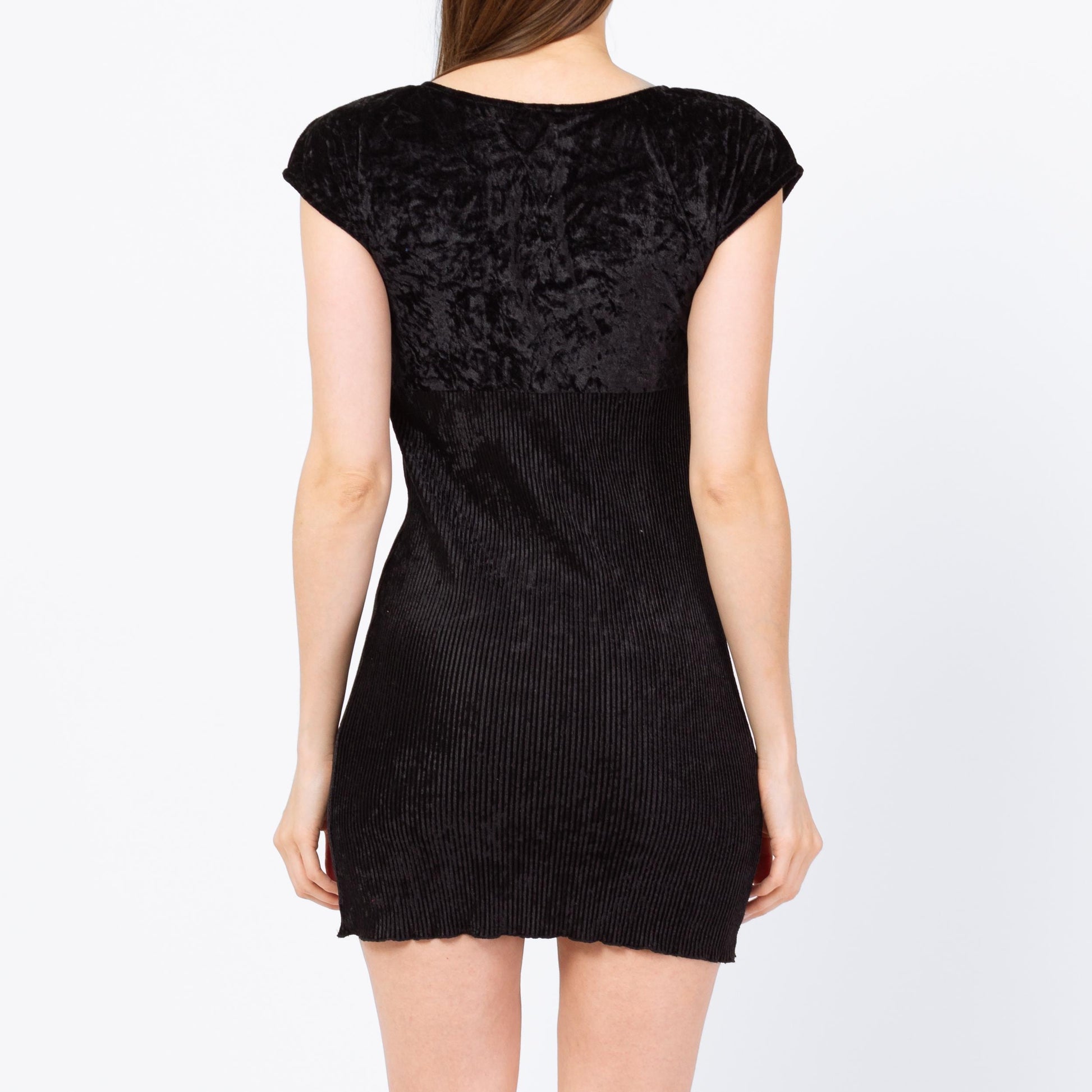 Vintage 90s Black Velvet Babydoll Mini Dress - Small | Gothic Short Sleeve Bodycon Dress