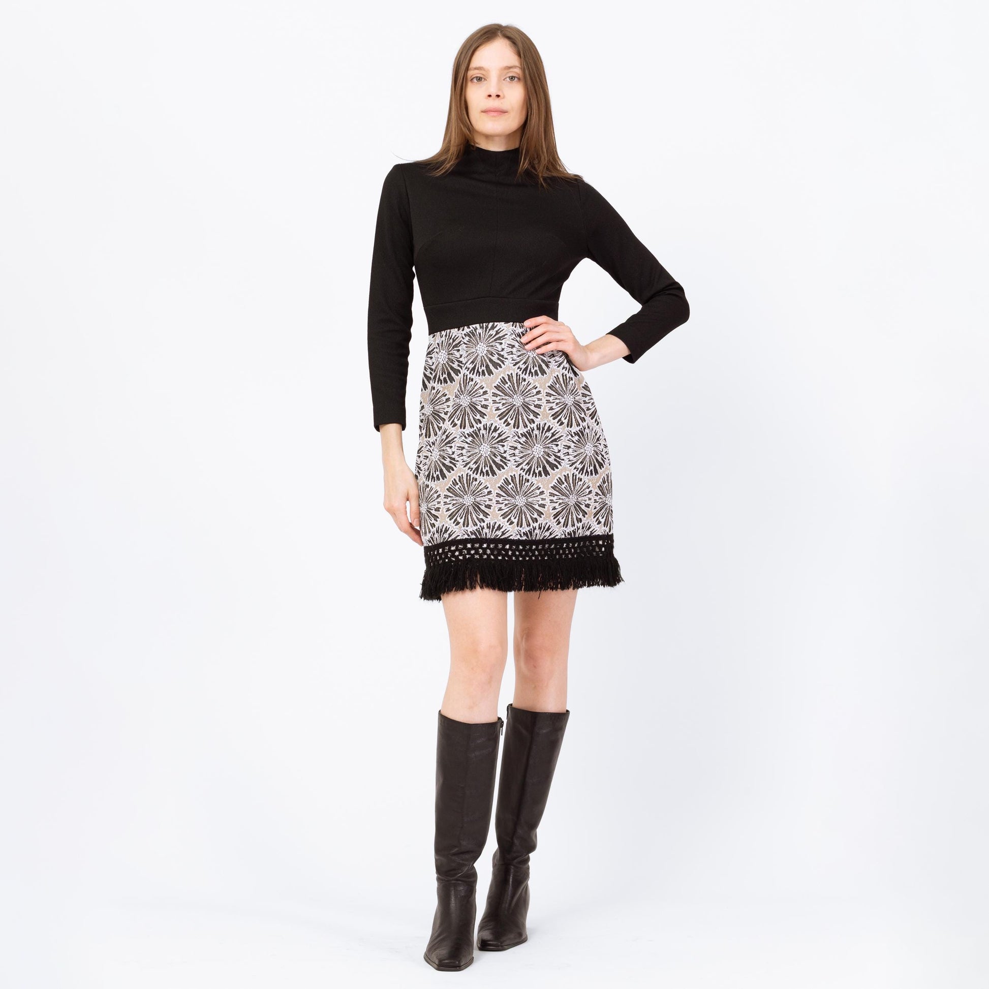 Vintage 60s Mod Black Floral Fringe Mini Dress - Extra Small | Retro Mockneck Long Sleeve A Line Dress