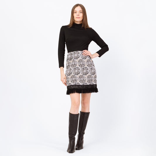 Vintage 60s Mod Black Floral Fringe Mini Dress - Extra Small | Retro Mockneck Long Sleeve A Line Dress